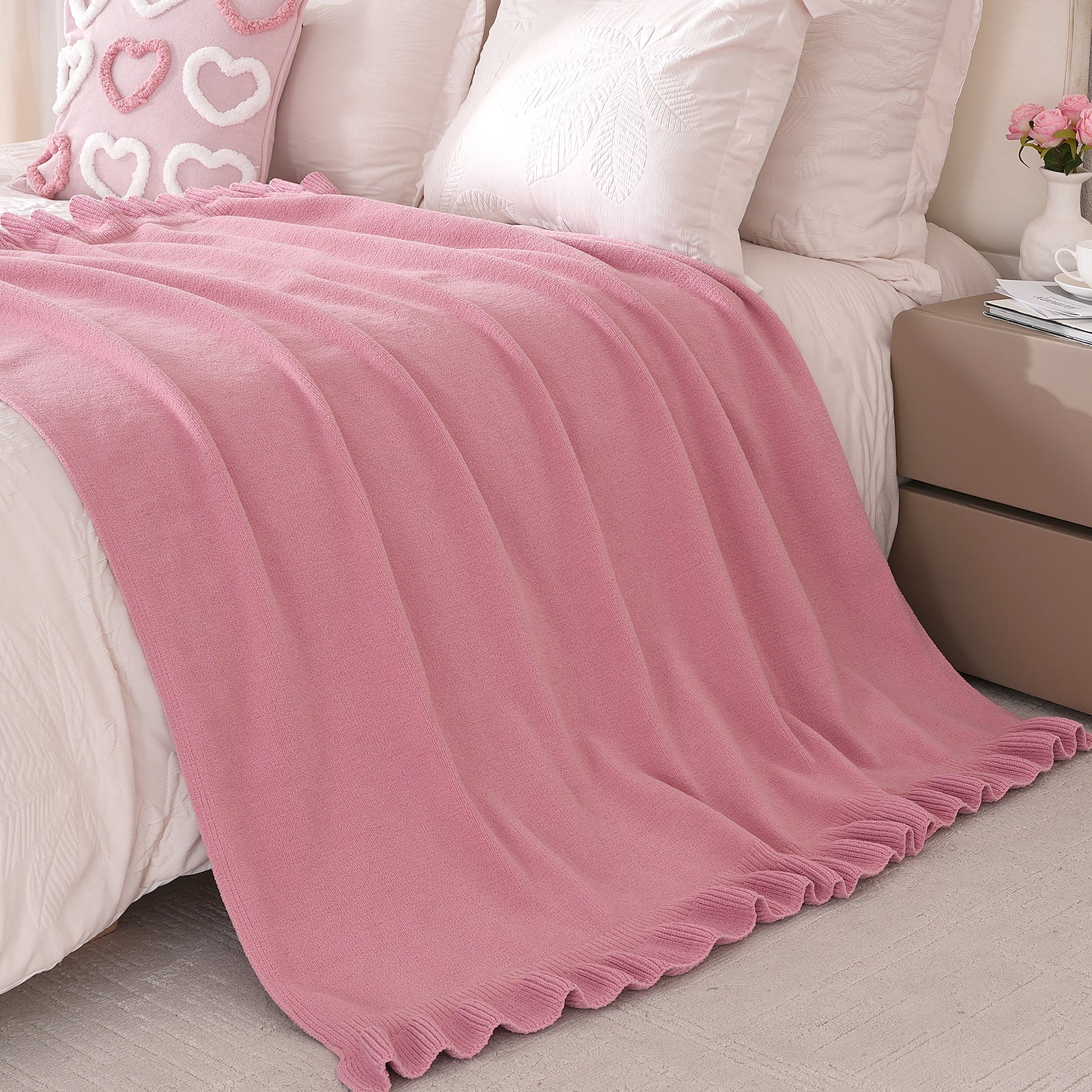 Valentine Pink Ruffle Knit Chenille Throw Blanket