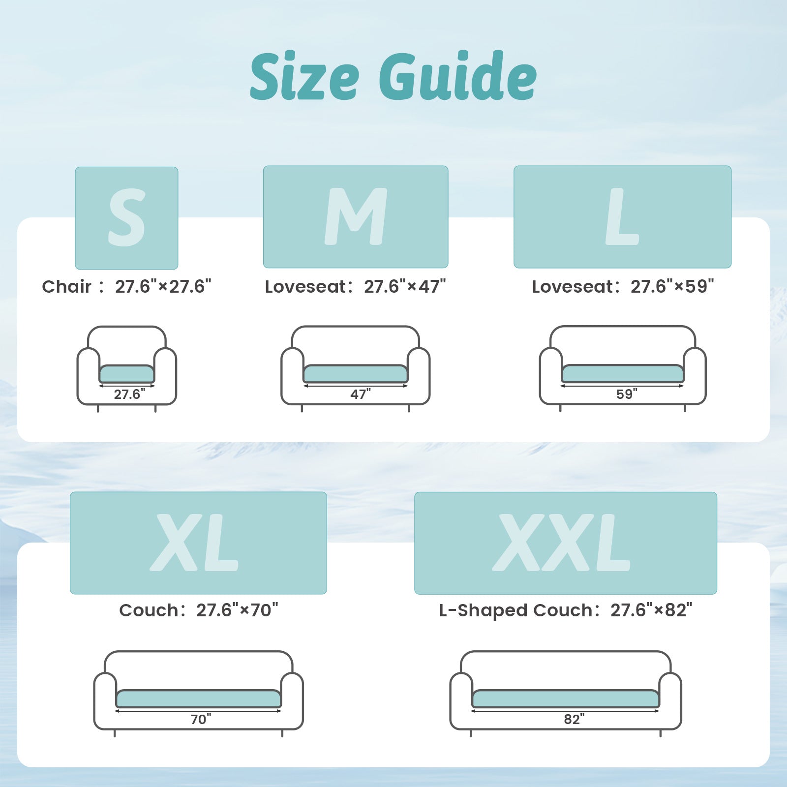 Size guide for furniture covers with dimensions of chairs, loveseats, and couches.