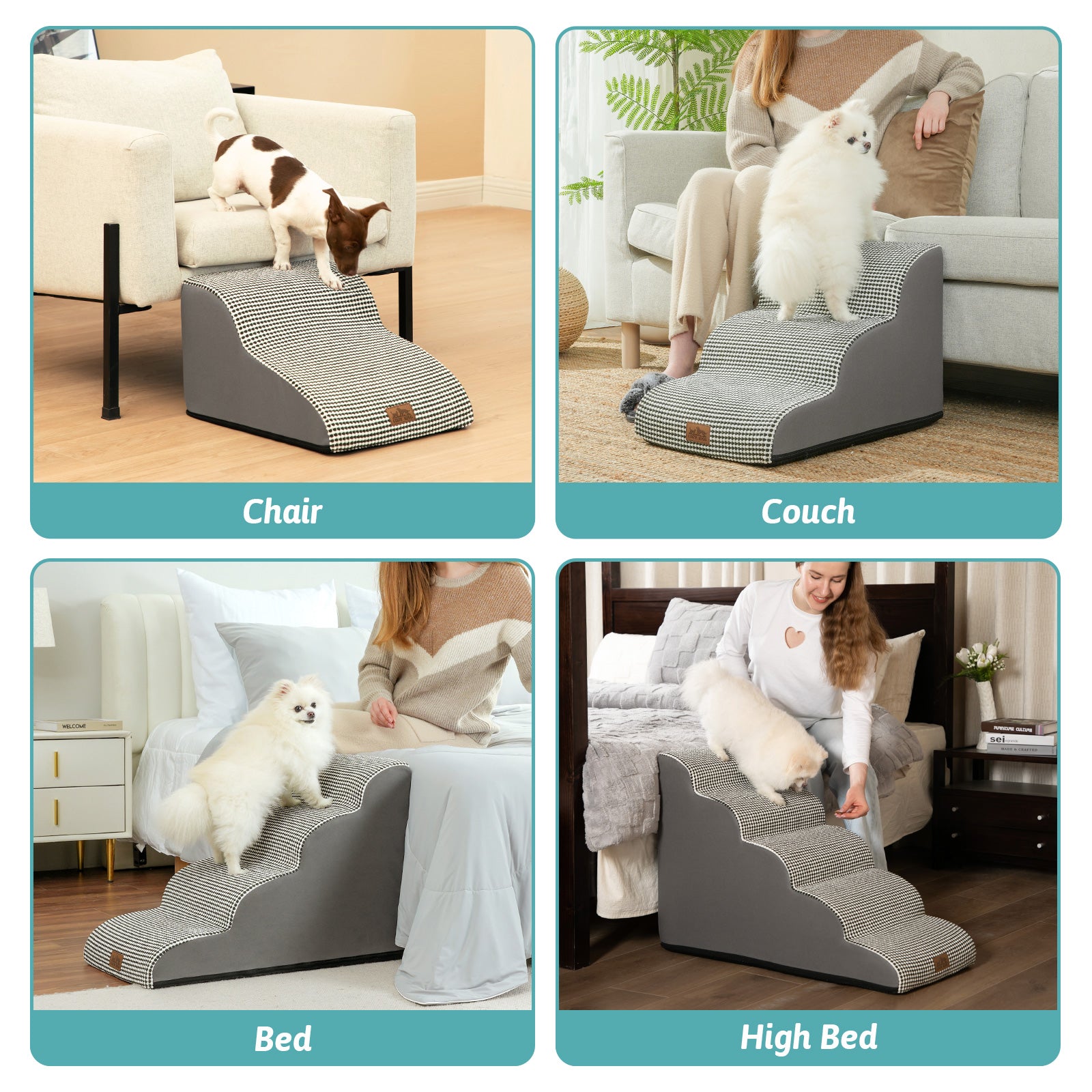 Pet ramp being used on various furniture pieces with a dog on top.#color_White Black