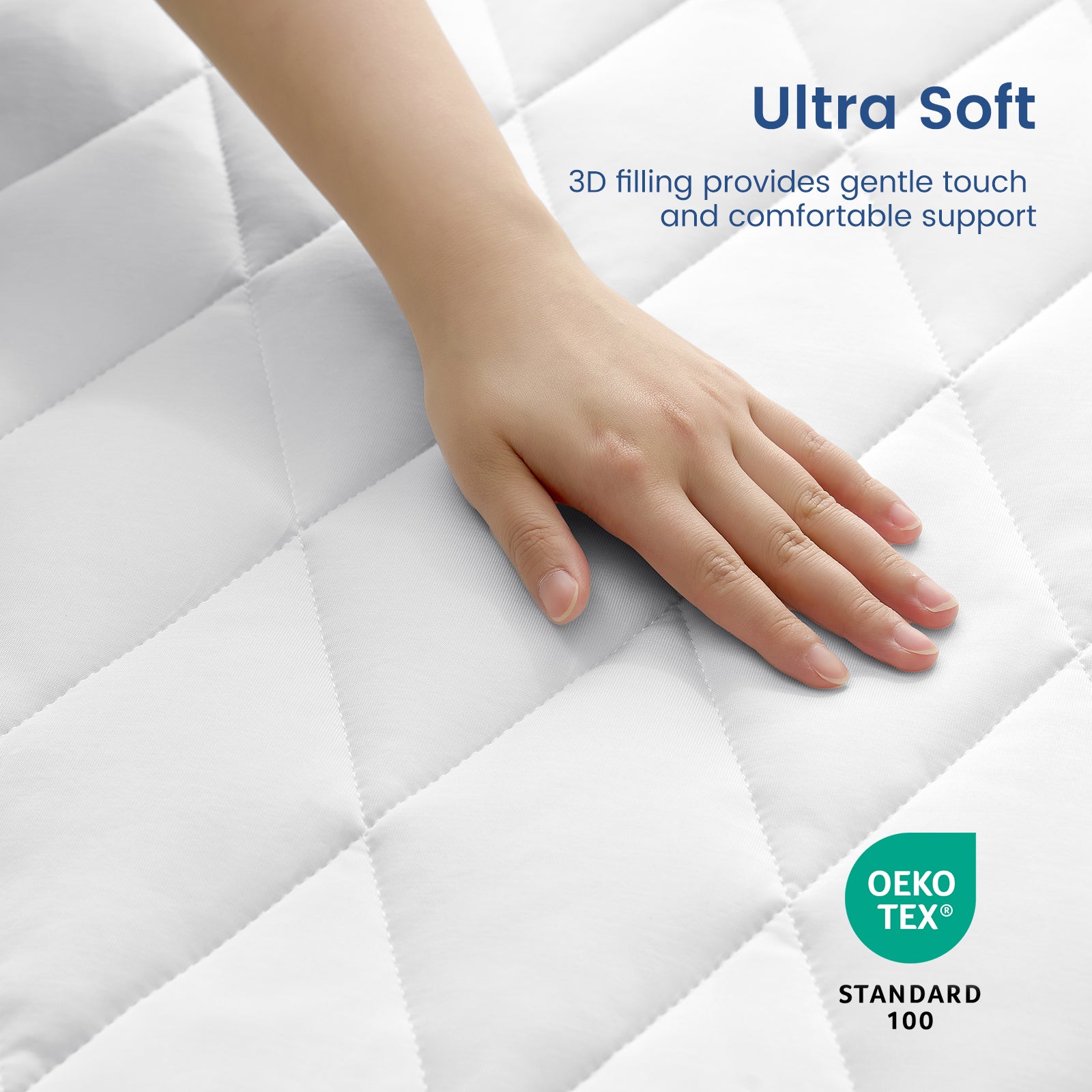 Hand touching ultra soft mattress topper with Oeko-Tex Standard 100 logo #color_Off White