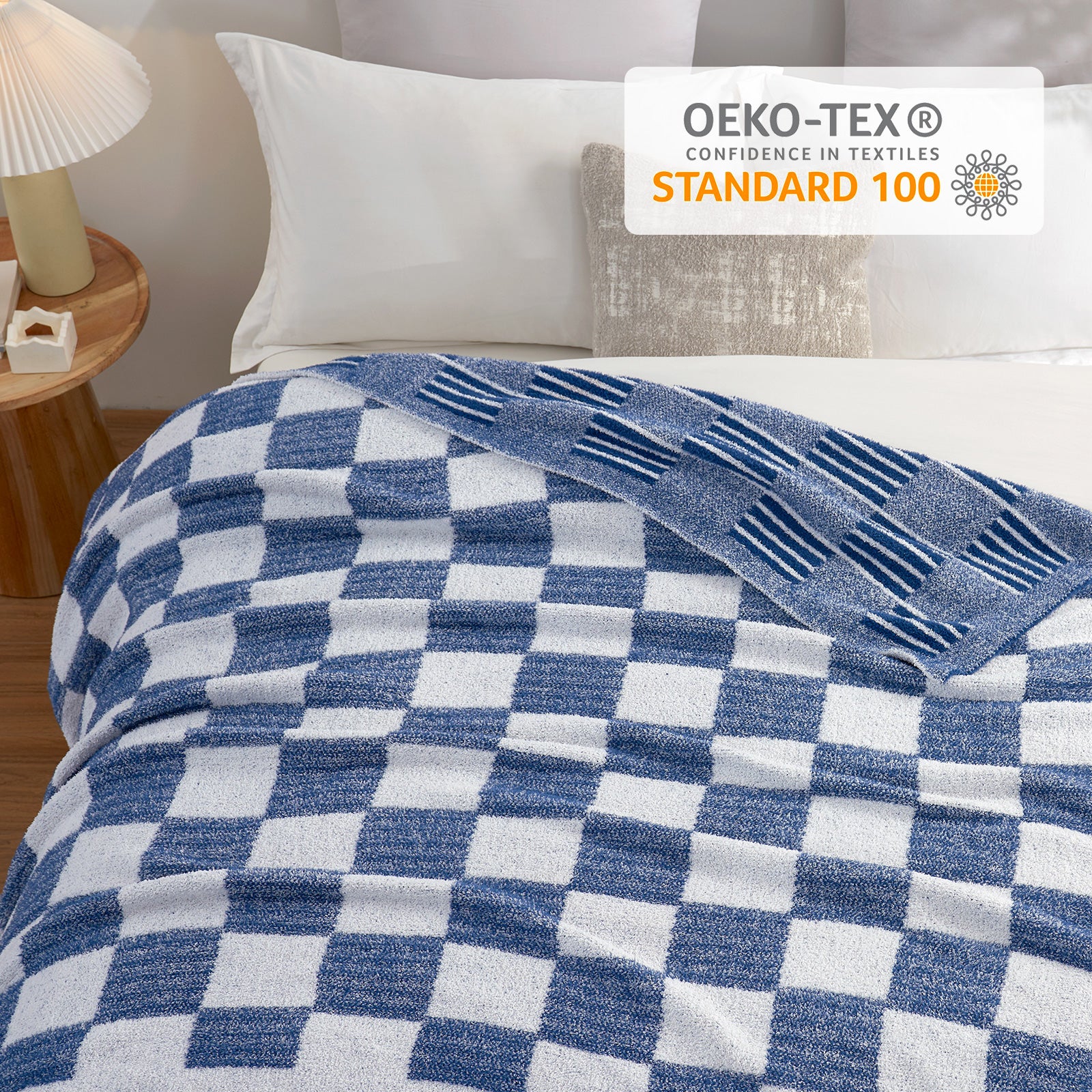 Reversible Heather Checkered Feather Yarn Throw Blanket