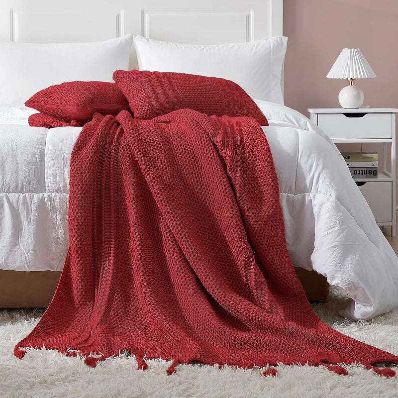 Honeycomb Knit Throw Blanket with Hand-Made Tassel