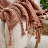 Honeycomb Knit Throw Blanket with Hand-Made Tassel