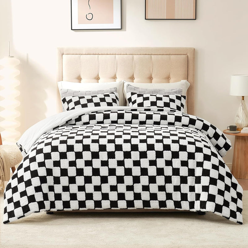 Fluffy Comforter Set-Black White