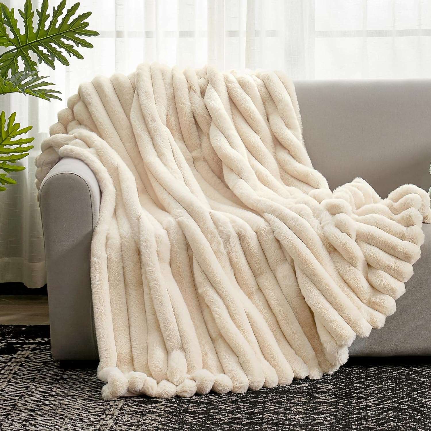 Cream faux fur throw blanket on sofa, cozy home decor  #color_Beige