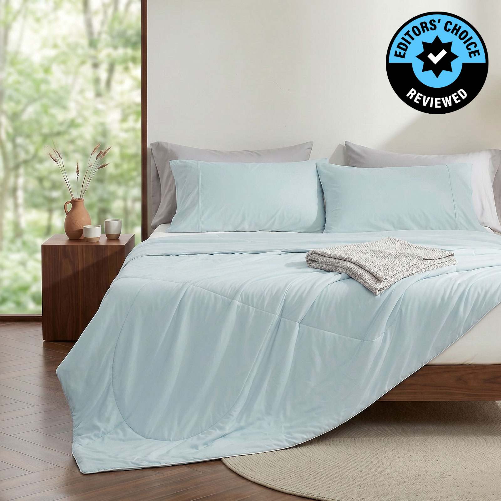 Cozy Bliss Cloud-like Extra Cooling Comforters for hot sleepers front view. #Color_Cool Blue