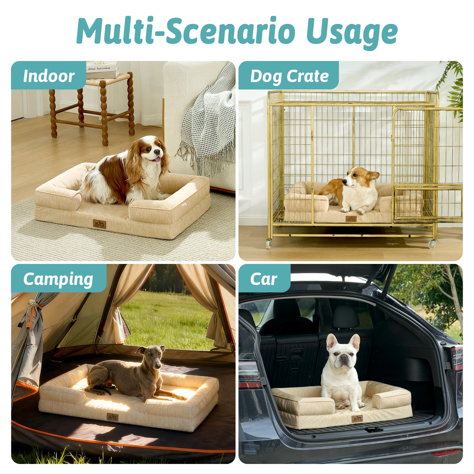 Dog bed used in various scenarios including indoor, dog crate, camping, and car.#color_Beige