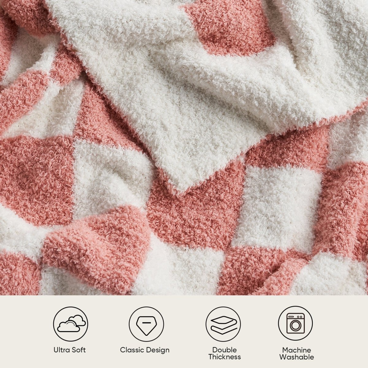 Close-up of soft feather yarn texture on Checkered Feather Yarn Knit Throw Blanket in Pink highlighting ultra soft and fluffy feel. #color_Pink White