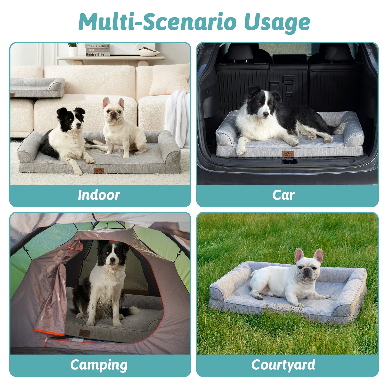 Dog bed used in various scenarios including indoor, car, camping, and courtyard.#color_Grey