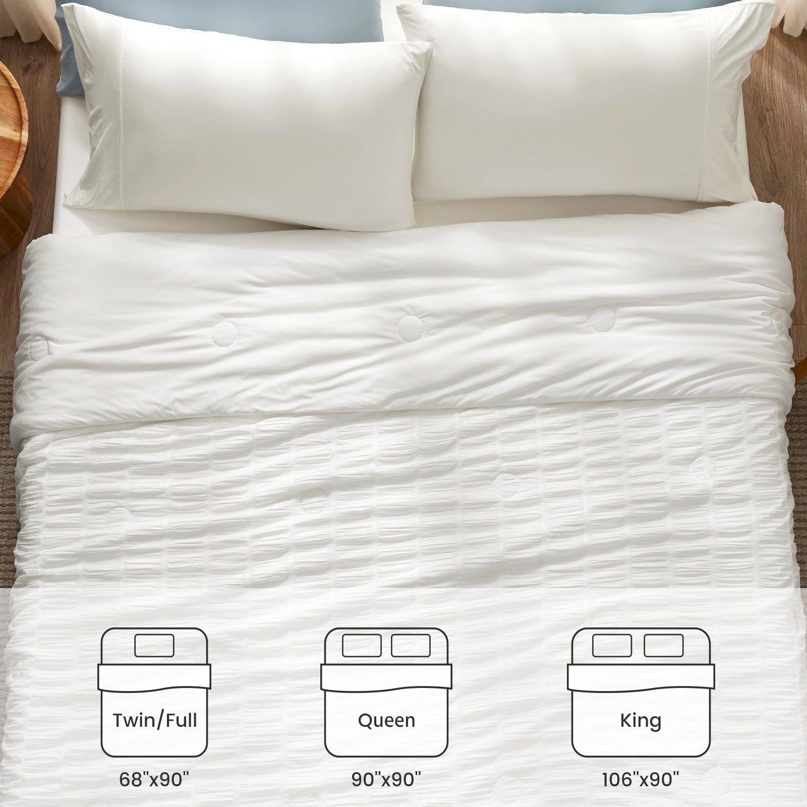 Size instruction for Cozy Bliss Vertical Striped Seersucker Cooling Comforter.  #color_White