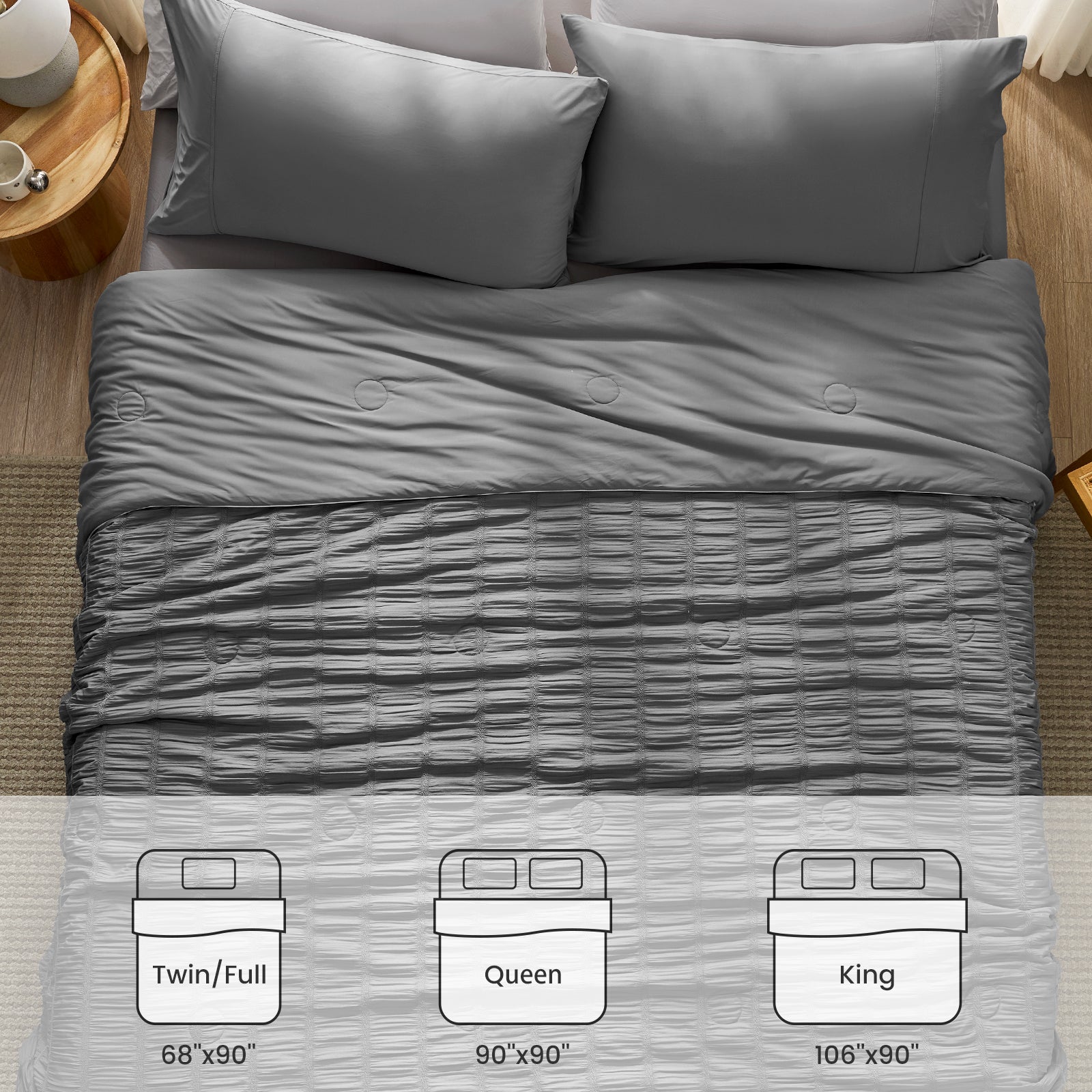 Size chart for Cozy Bliss Vertical Striped Seersucker Cooling Comforter.  #color_Charcoal Grey