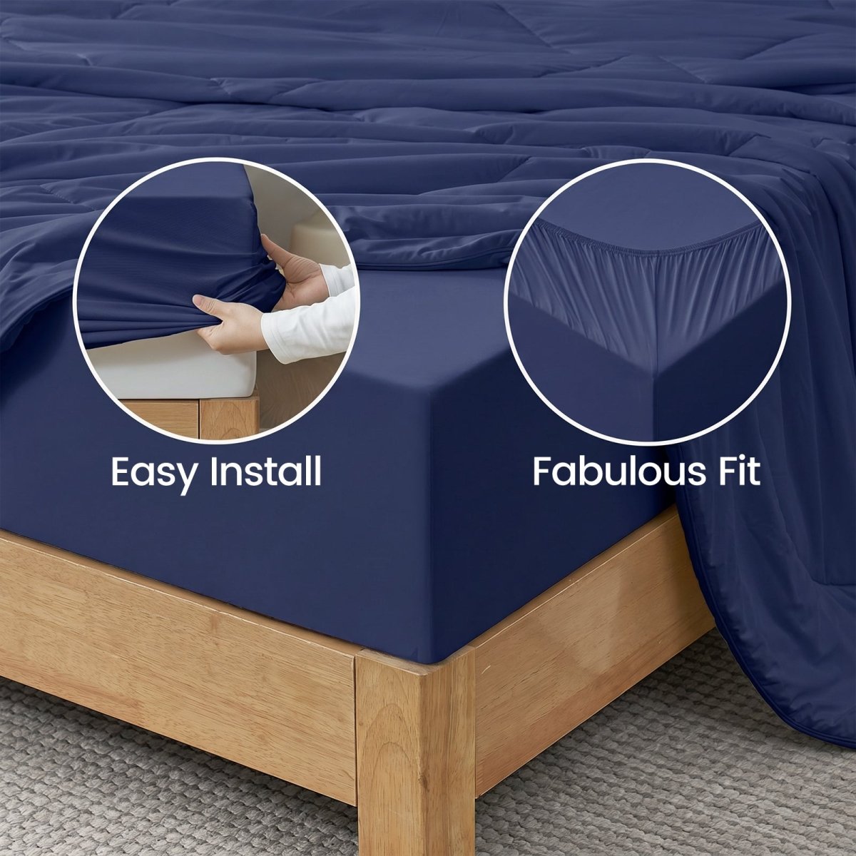 Close up of Cozy Bliss fitted sheet, stay in place and easy install.#color_Navy Blue