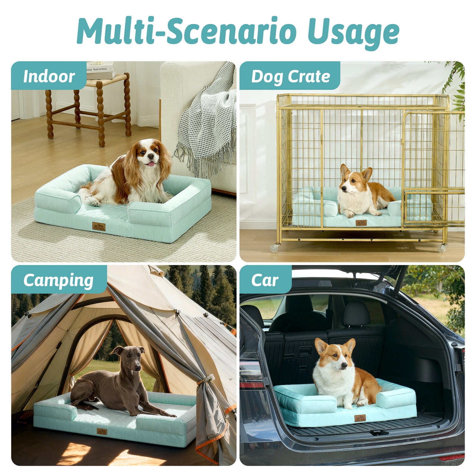 Dog bed used in various scenarios including indoor, dog crate, camping, and car.#color_Sage Green