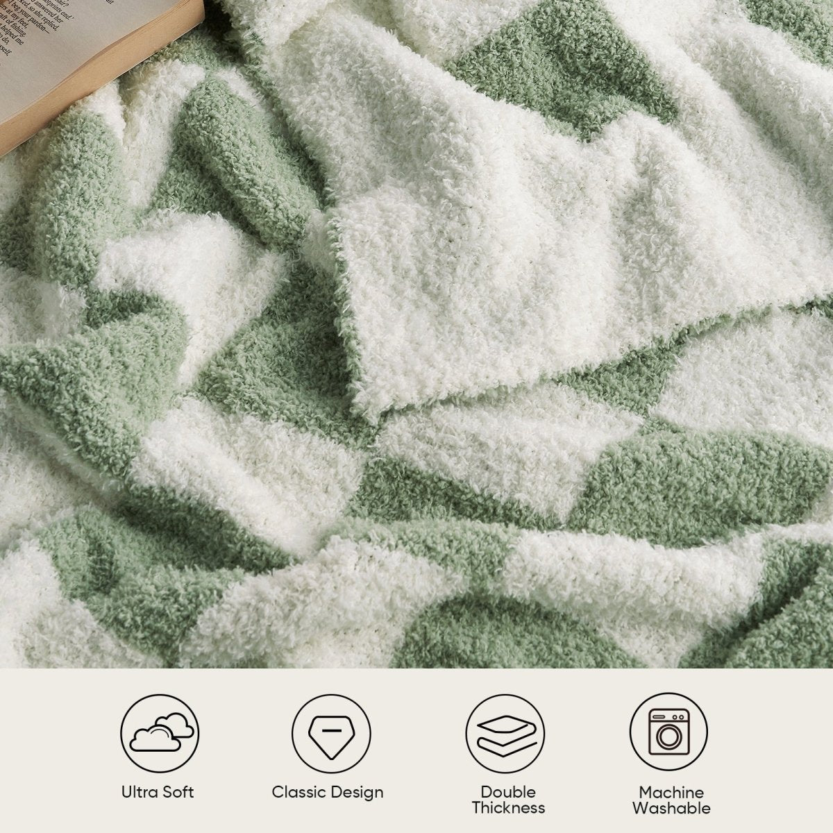 Close-up of soft feather yarn texture on Checkered Feather Yarn Knit Throw Blanket in Sage Green & White highlighting plush and cozy feel. #color_Sage Green & White