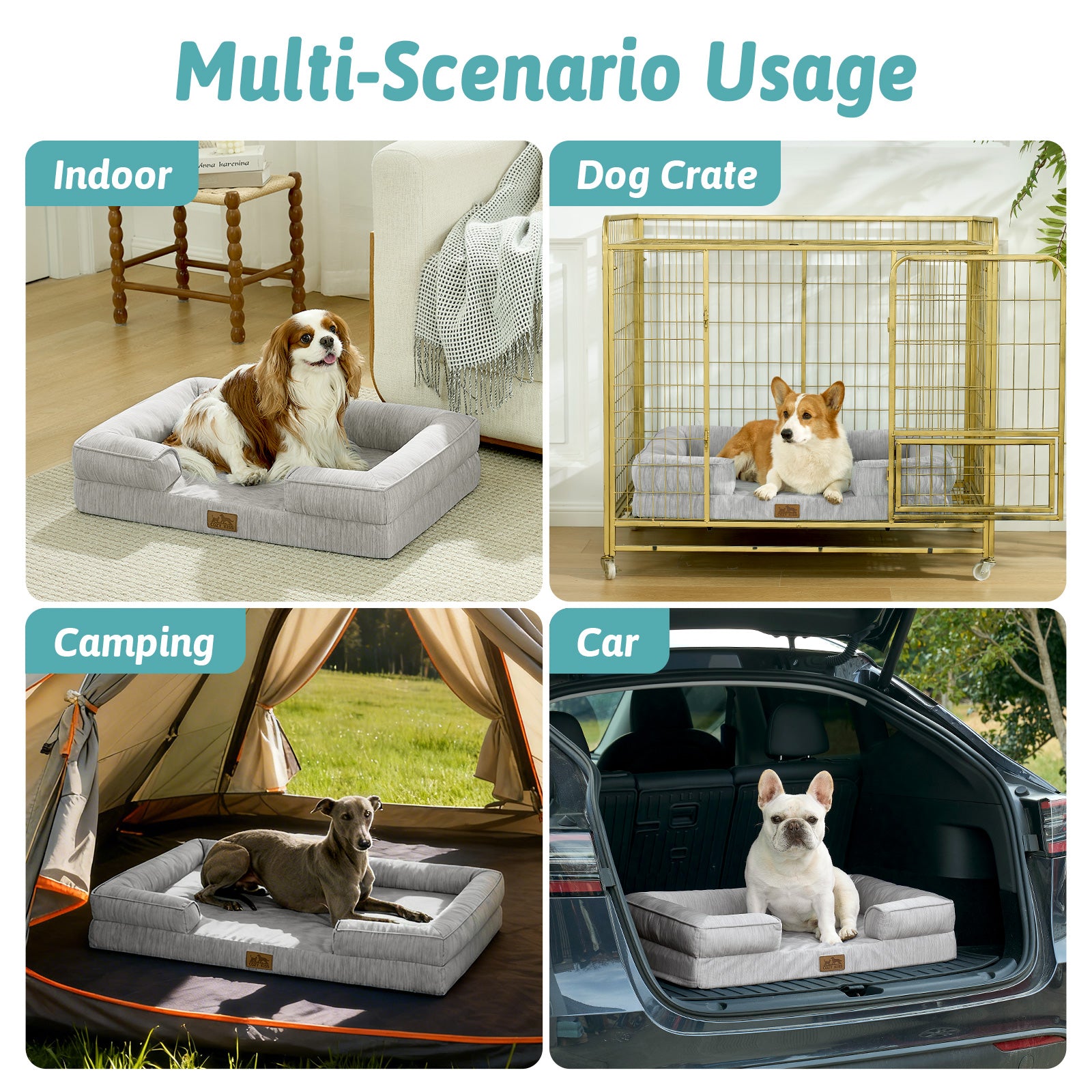 Dog bed used in various scenarios including indoor, dog crate, camping, and car.#color_Light Grey