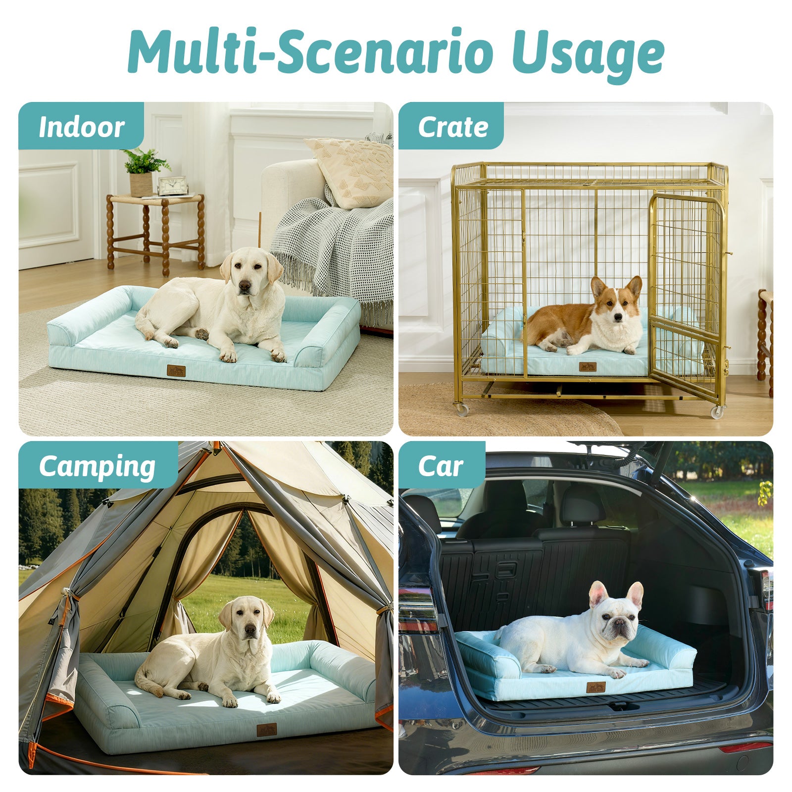 Collage of a dog bed used indoors, in a crate, for camping, and in a car.#color_Sage Green