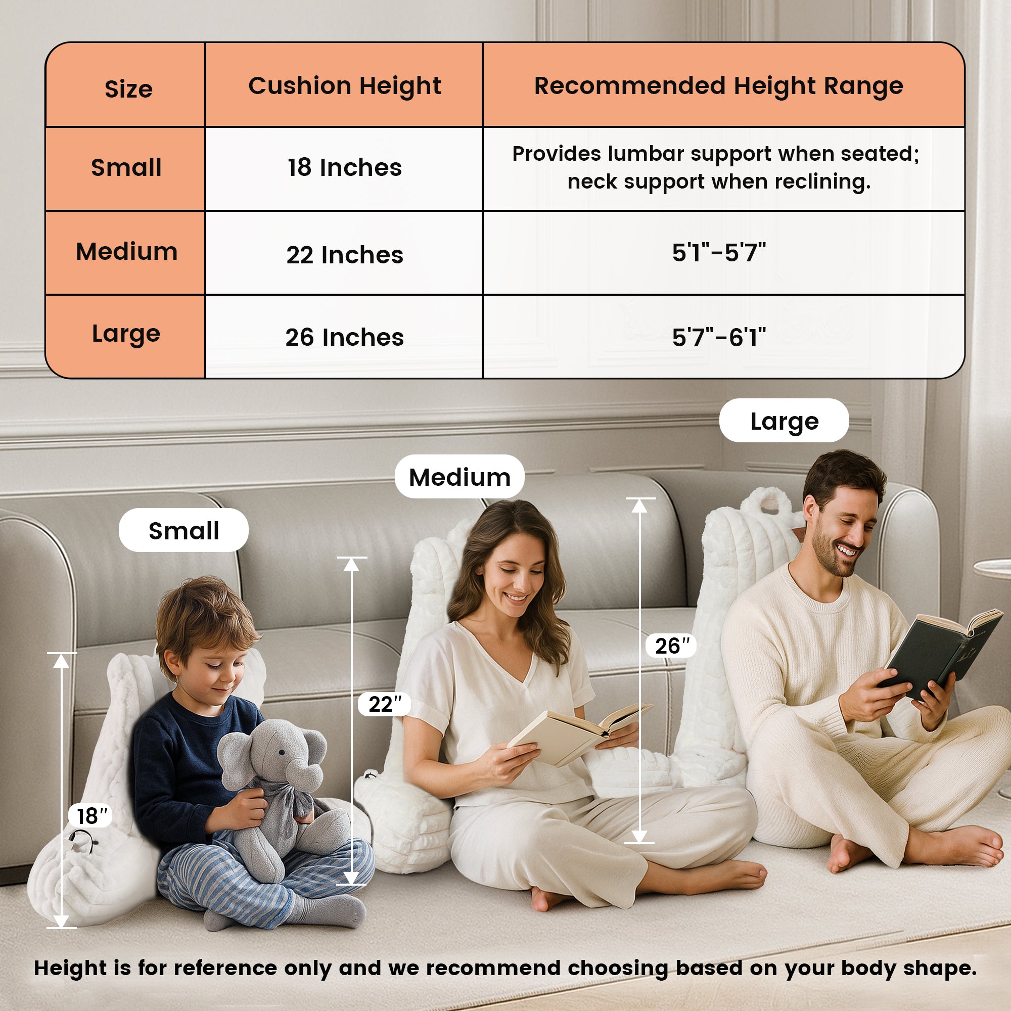 People leaning on electric heated backrest pillows with a chart showing the size height and recommended height range. #color_Ivory
