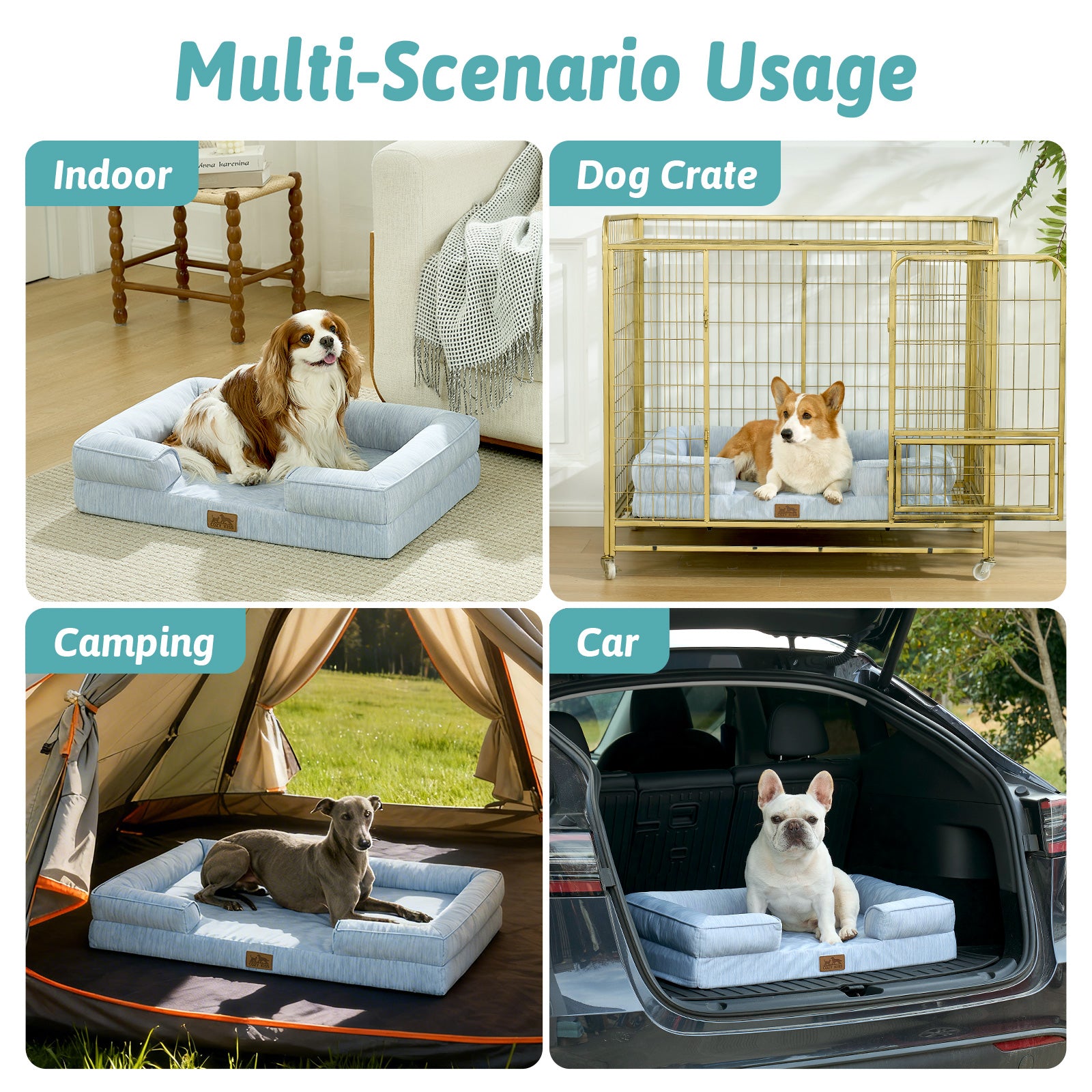 Dog bed used in various scenarios including indoor, dog crate, camping, and car.#color_Cool Blue
