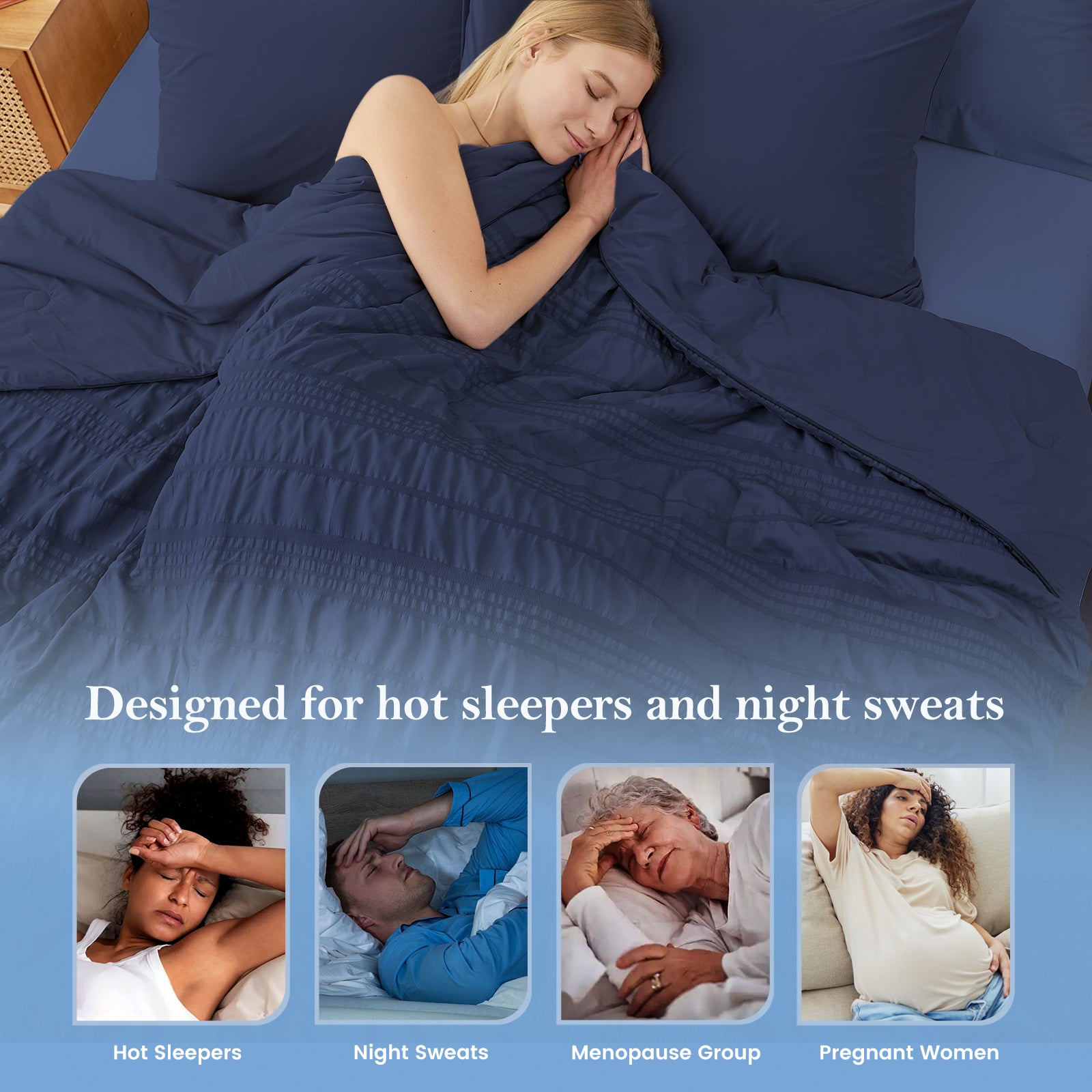 Women sleeping peacefully under Cozy Bliss khaki seersucker cooling comforter, perfect for hot sleepers.#color_Navy Blue