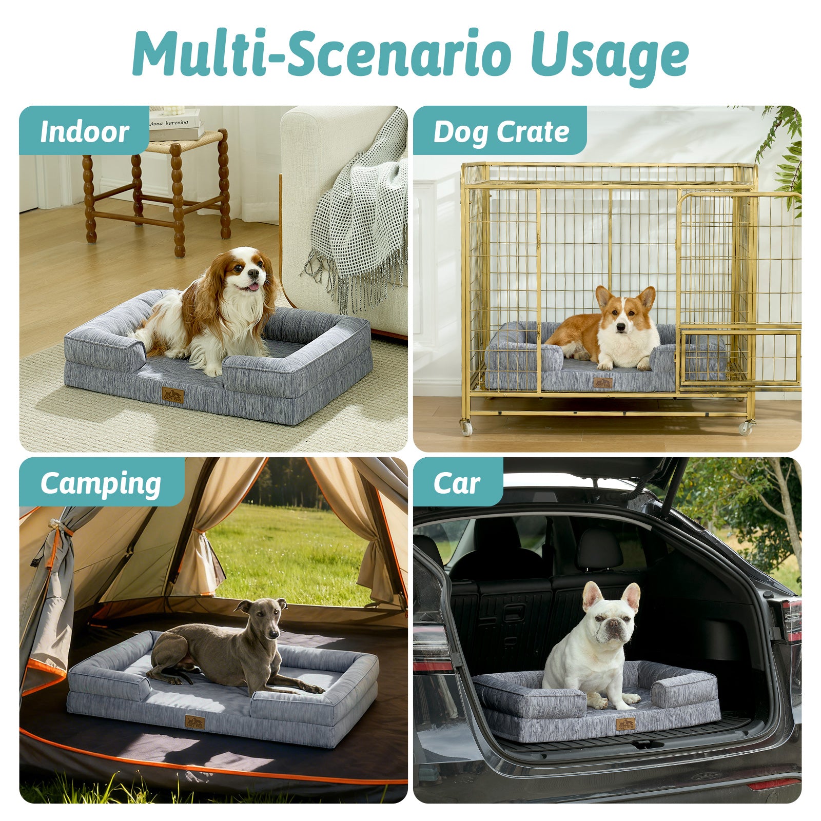 Dog bed used in various scenarios including indoor, dog crate, camping, and car.#color_Dark Grey