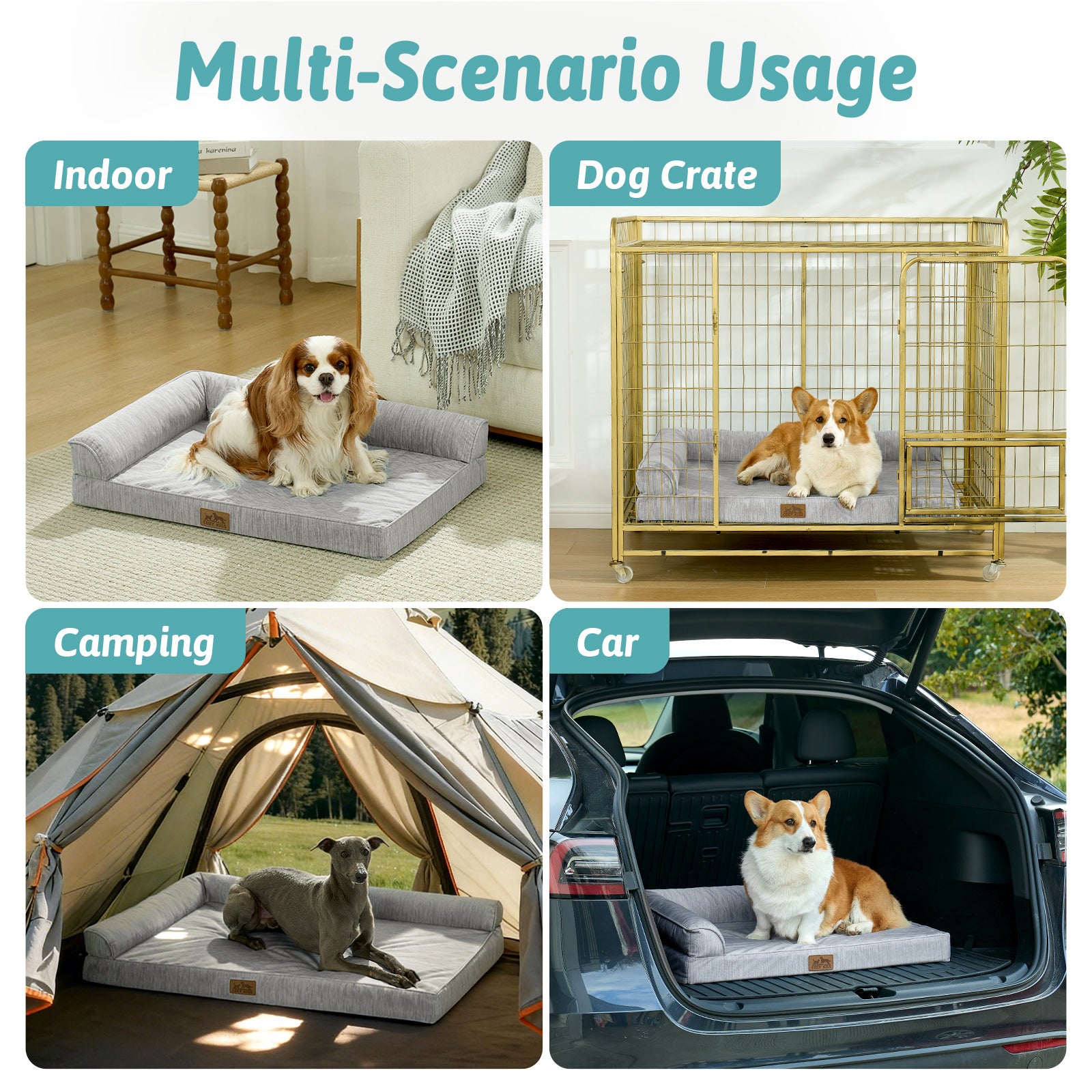Dog bed used in various scenarios including indoor, dog crate, camping, and car.#color_Grey