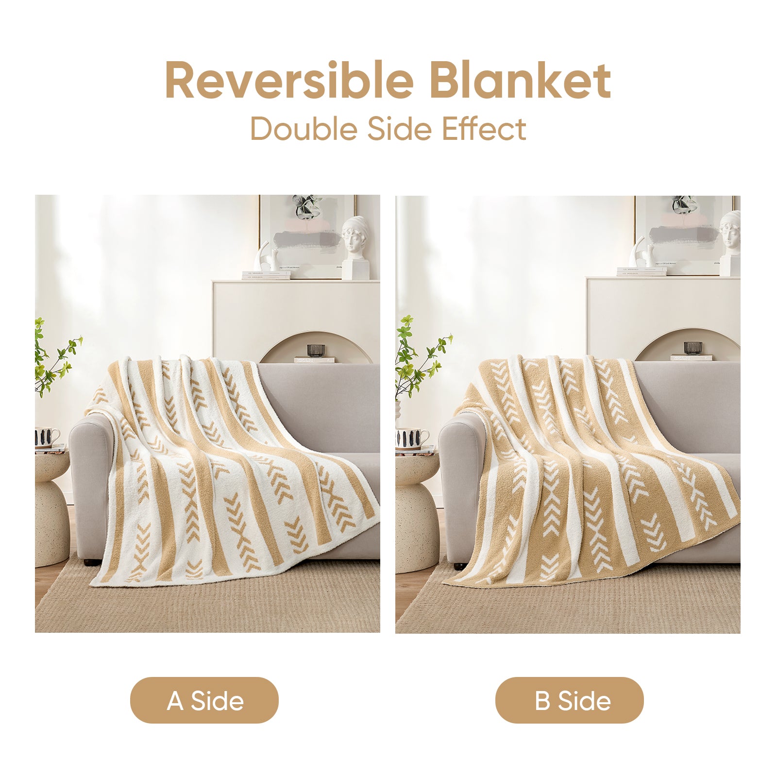 Reversible Boho Feather Yarn Knit Throw Blanket