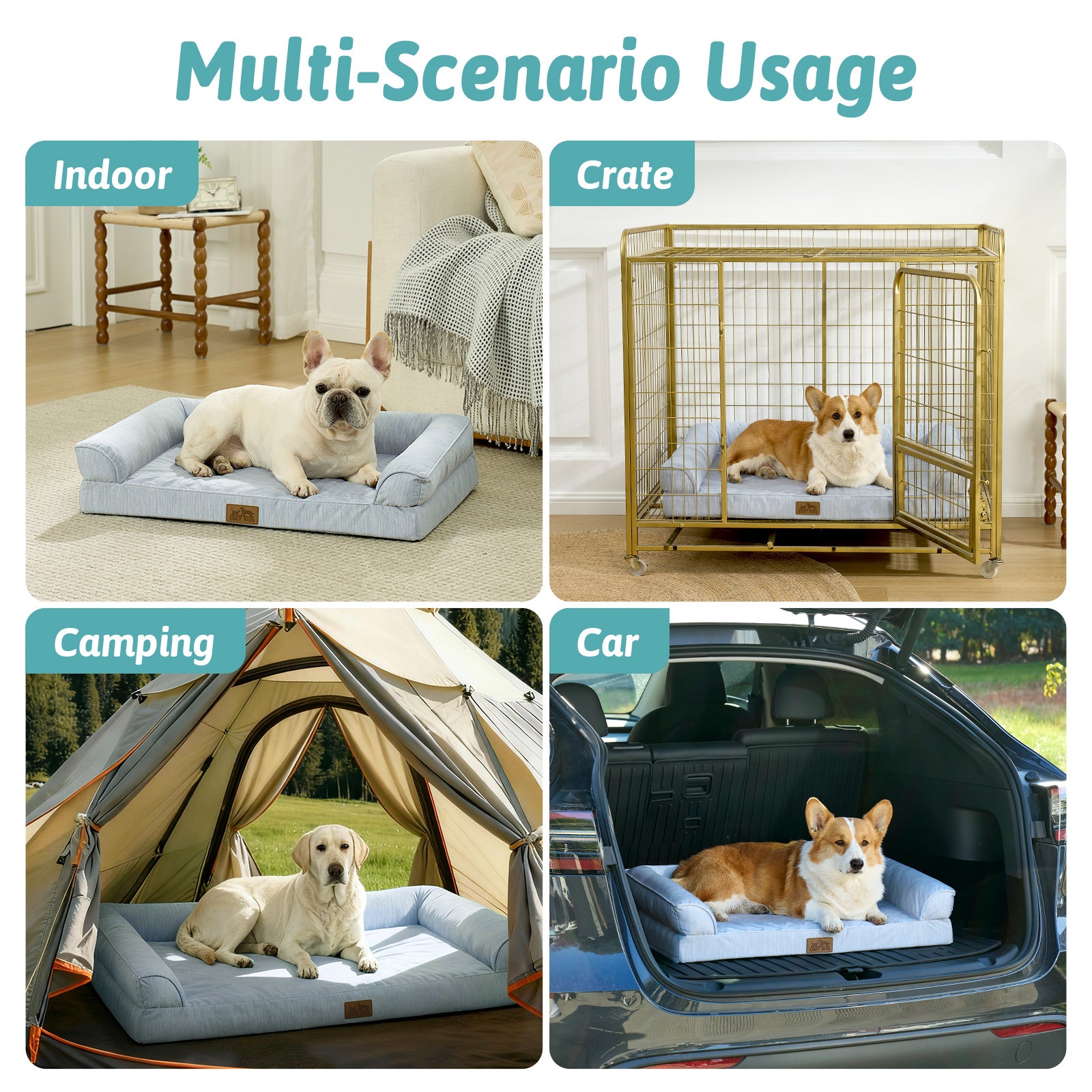 Dog bed used in various scenarios including indoor, crate, camping, and car.#color_Cool Blue