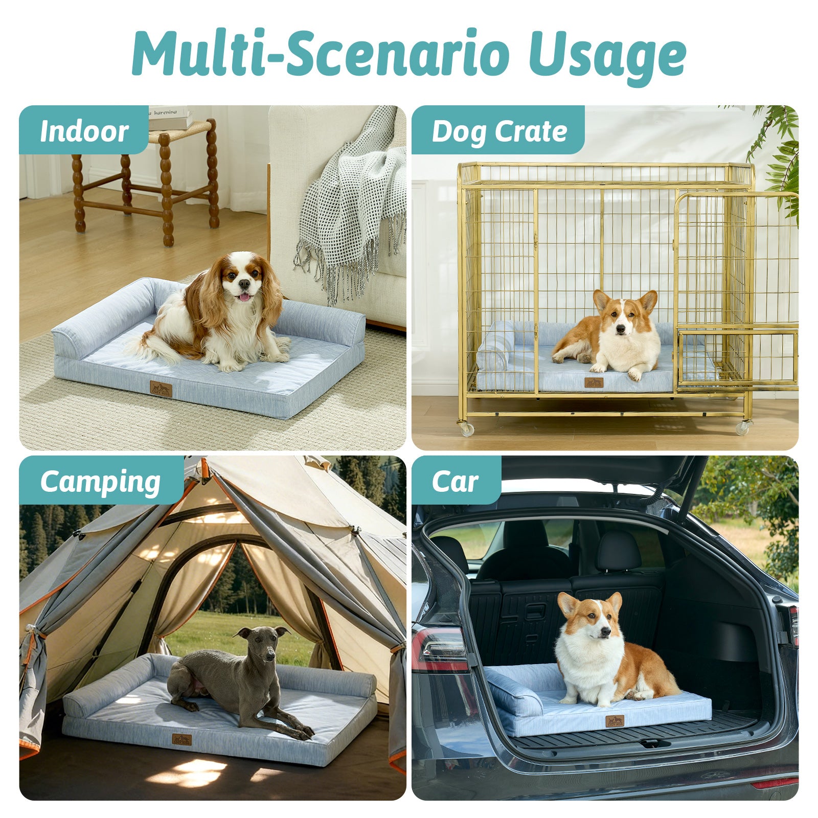 Dog bed used in various scenarios including indoor, dog crate, camping, and car.#color_Cool Blue