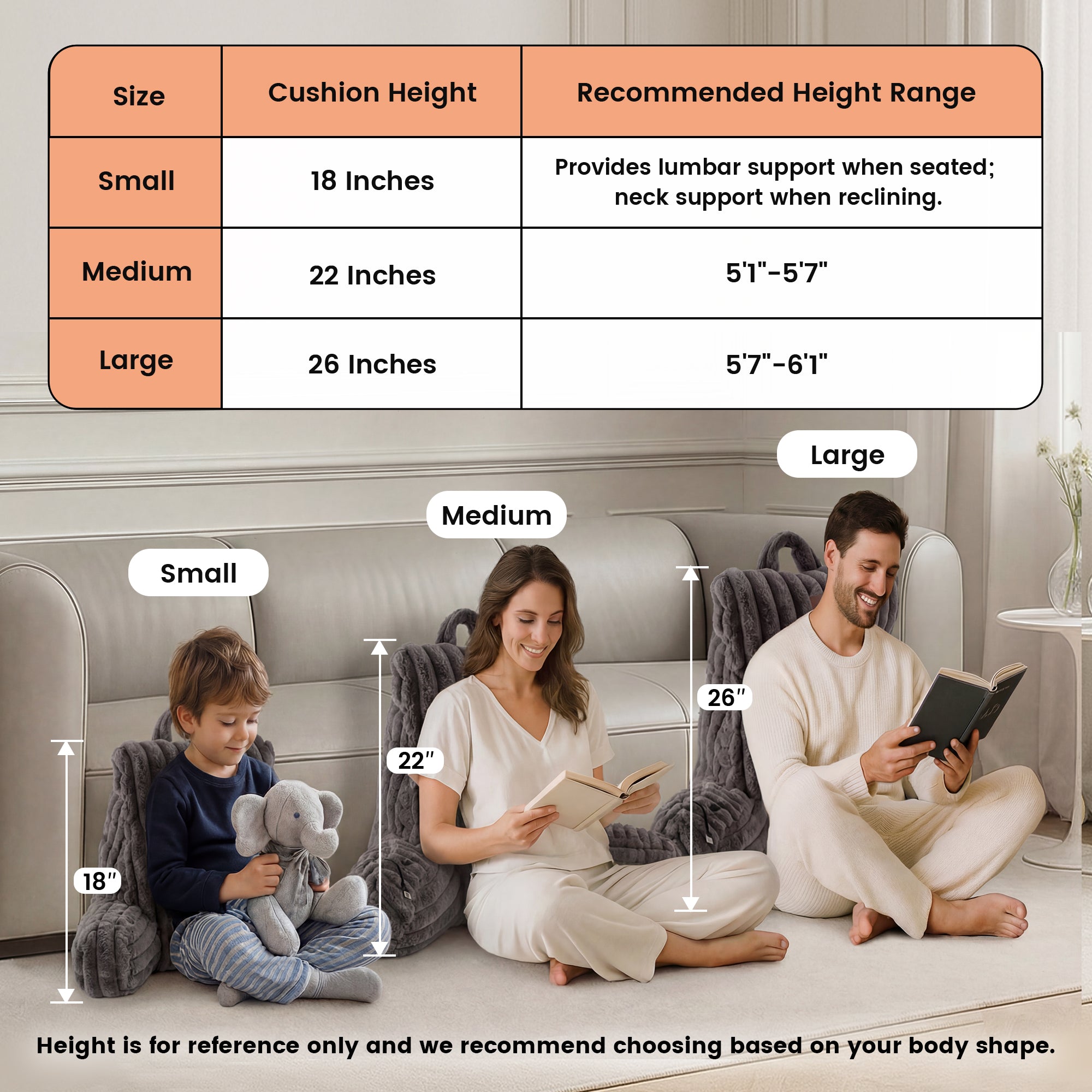 People leaning on backrest pillows with a chart showing the size height and recommended height range.#color_Grey