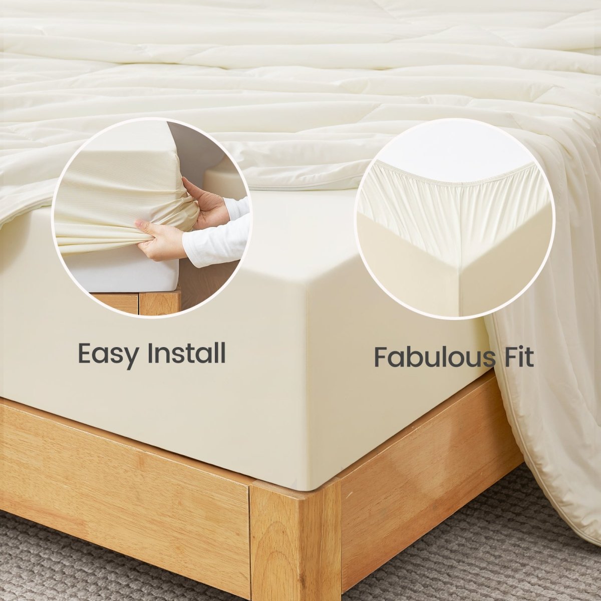 Mattress protector being installed on a bed with text 'Easy Install' and 'Fabulous Fit'. #Color_Cream White