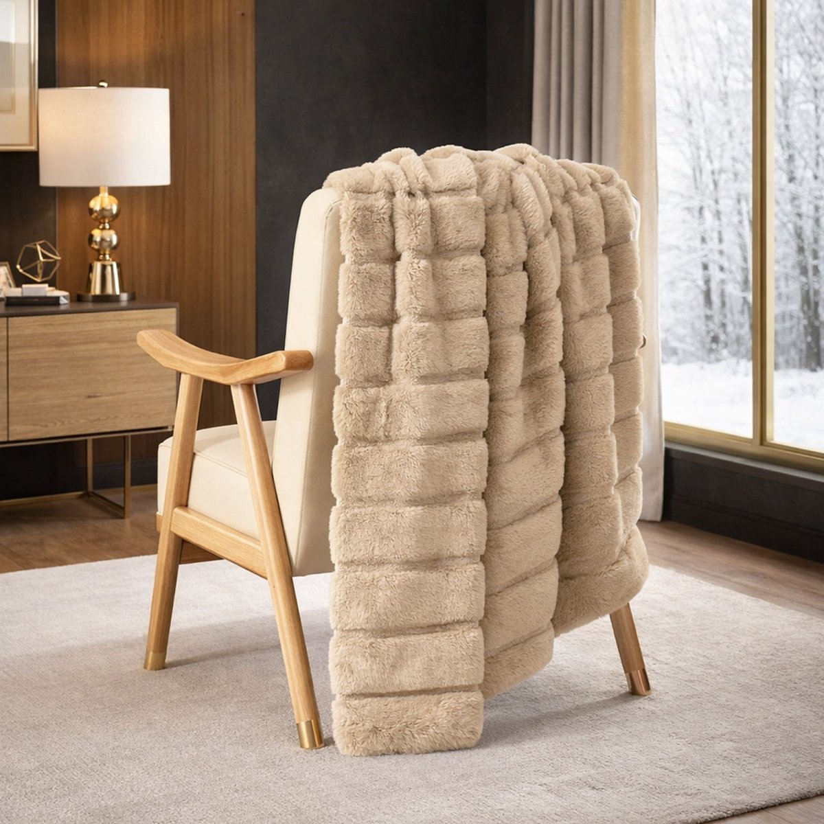 Cozy Bliss sheared faux fur throw blanket draped over a chair, showcasing elegant ribbed texture #color_Khaki