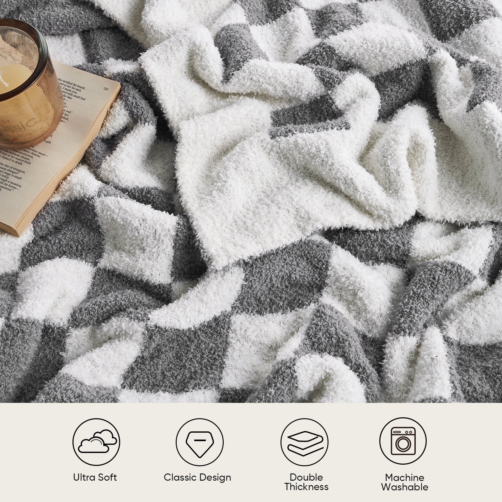 Checkered Feather Yarn Knit Throw Blanket