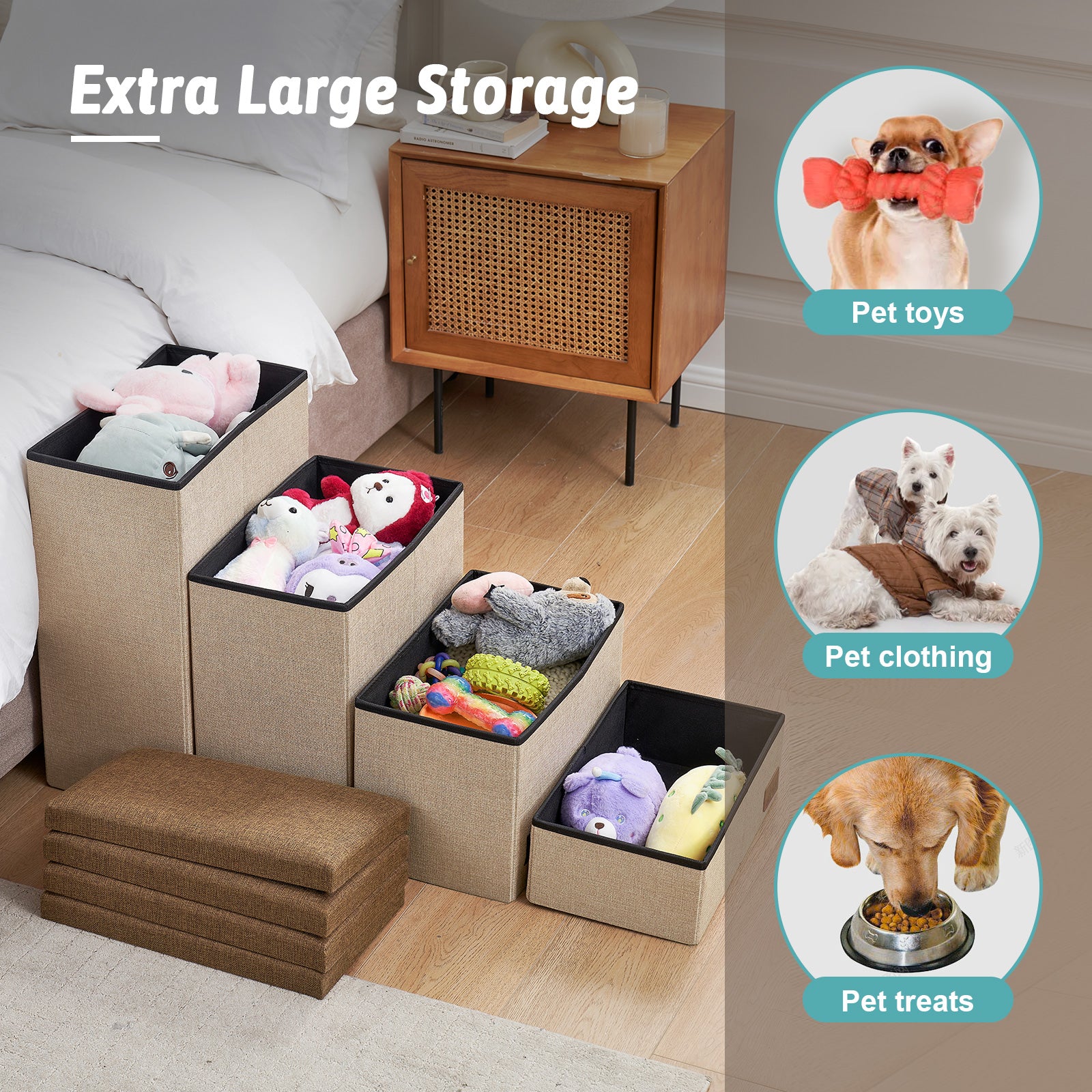 Extra large storage space inside each step of the Cozy Bliss pet stairs for toys, clothing, and treats. #color_Beige