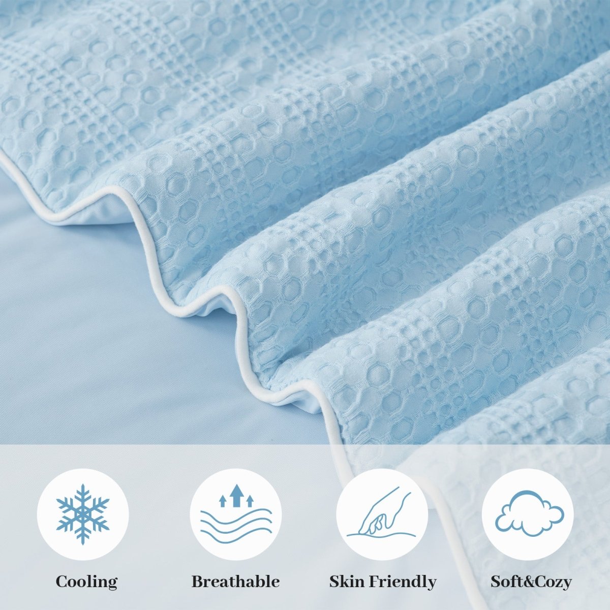 Close up of dual-sided cooling waffle fabric, breathable and skin friendly. #color_Sky Blue