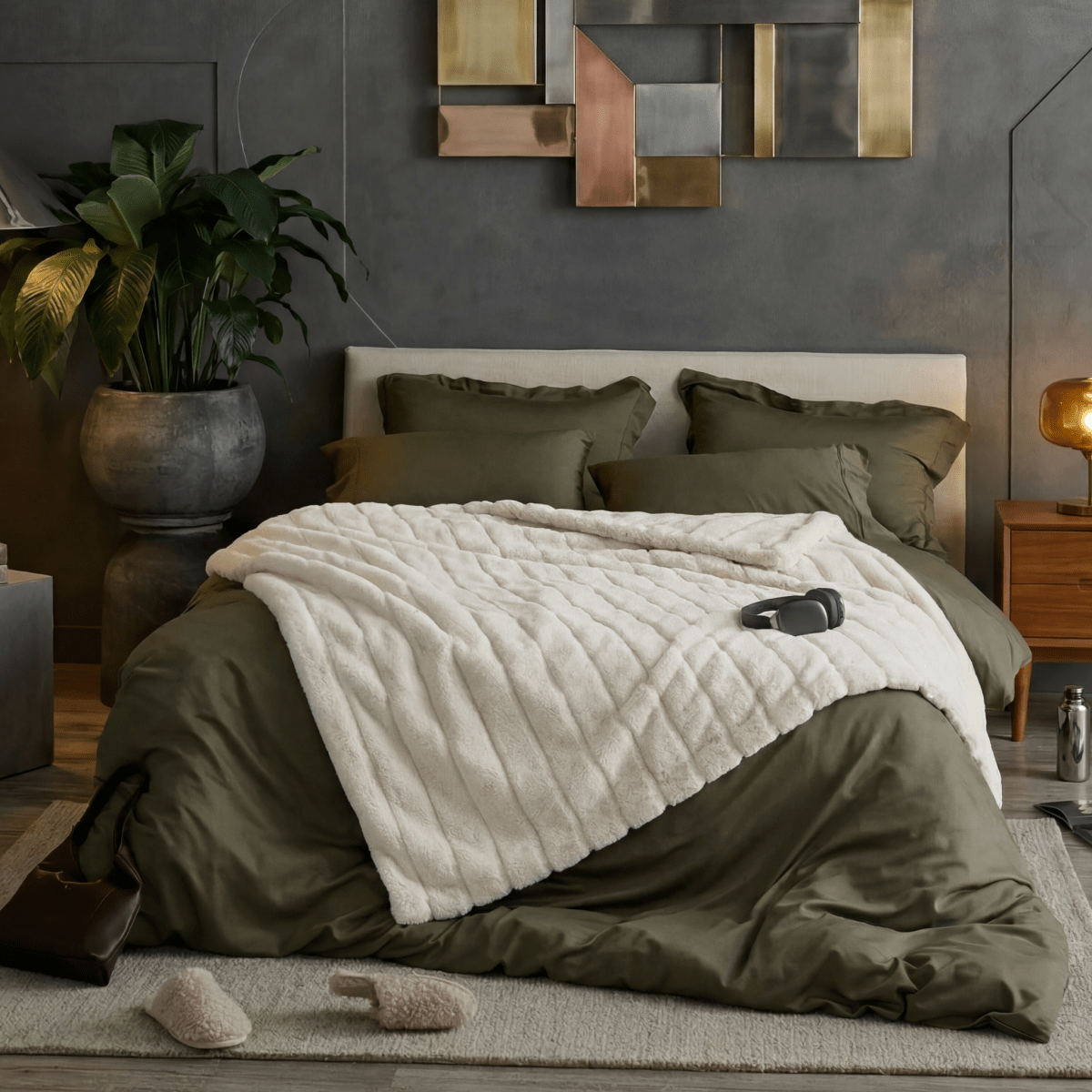 Cozy Bliss faux fur blanket styled on a modern bed, creating a cozy and airy bedroom atmosphere #color_Ivory