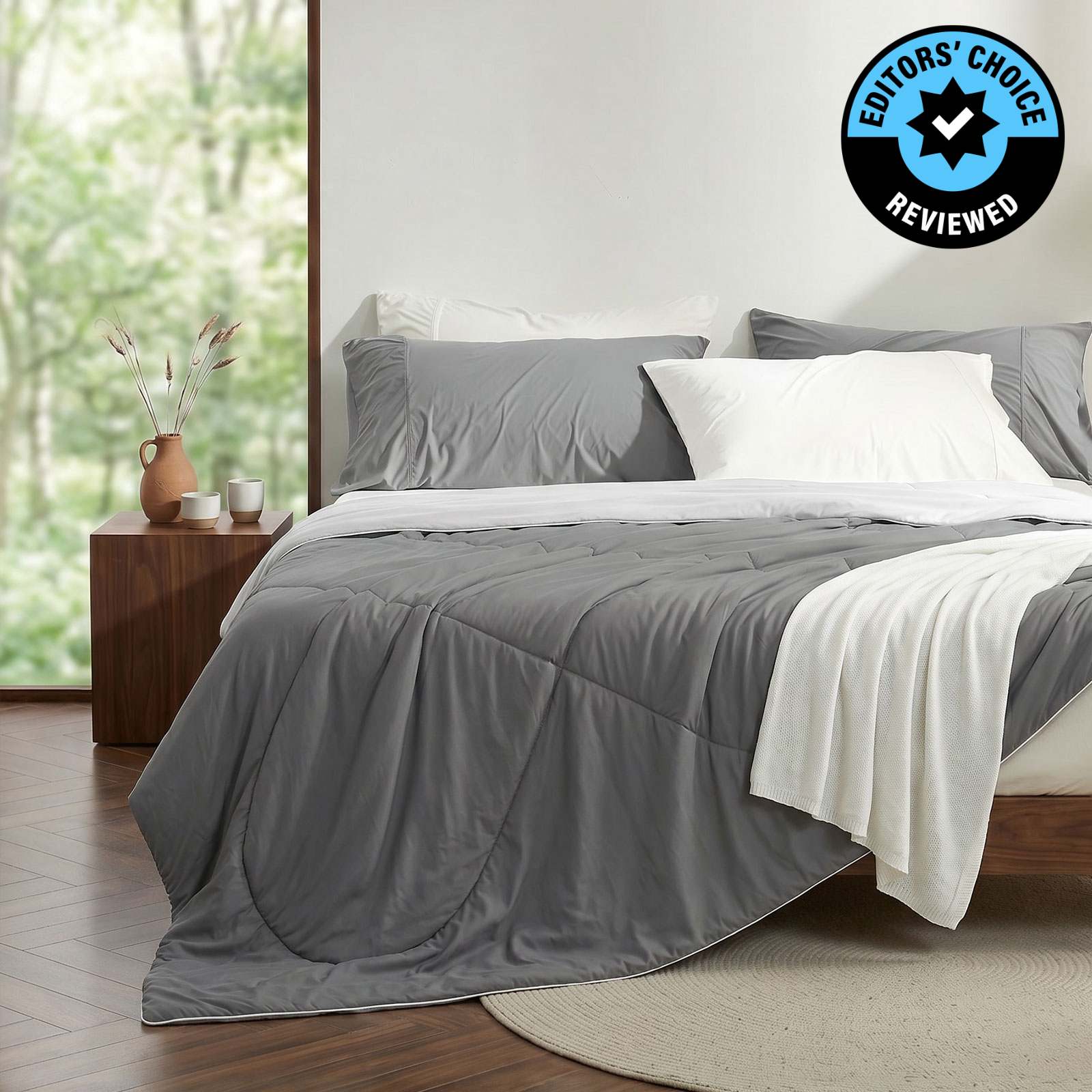 Cozy Bliss Cloud-like Extra Cooling Comforters for hot sleepers front view. #Color_Dark/Light Grey