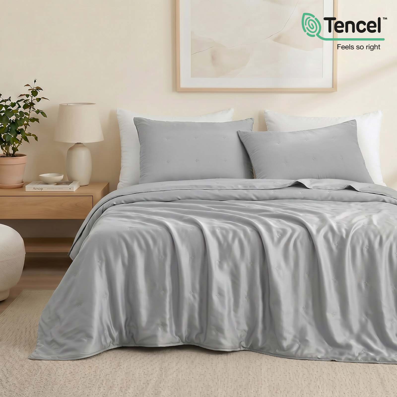 Cozy Bliss Luxurious Tencel™ Lyocell Cooling Comforter in white front view.#Color_Grey