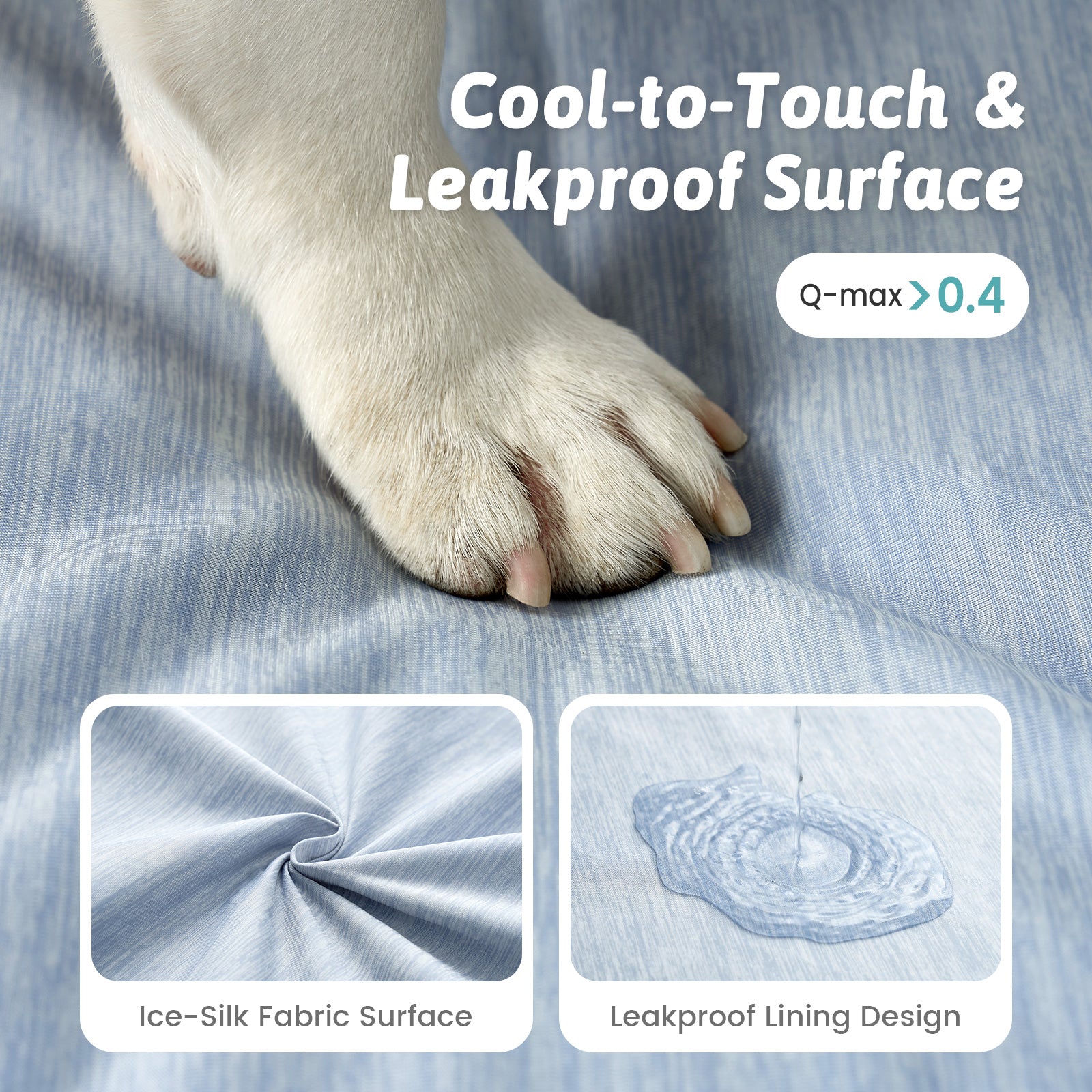 Dog paw on a textured fabric surface with text about cool-to-touch and leakproof design.#color_Cool Blue