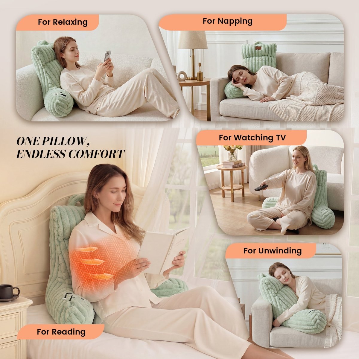 Woman using a electric heated backrest reading pillow in various settings for relaxing, working, watching TV, napping, and reading.#color_Sage Green
