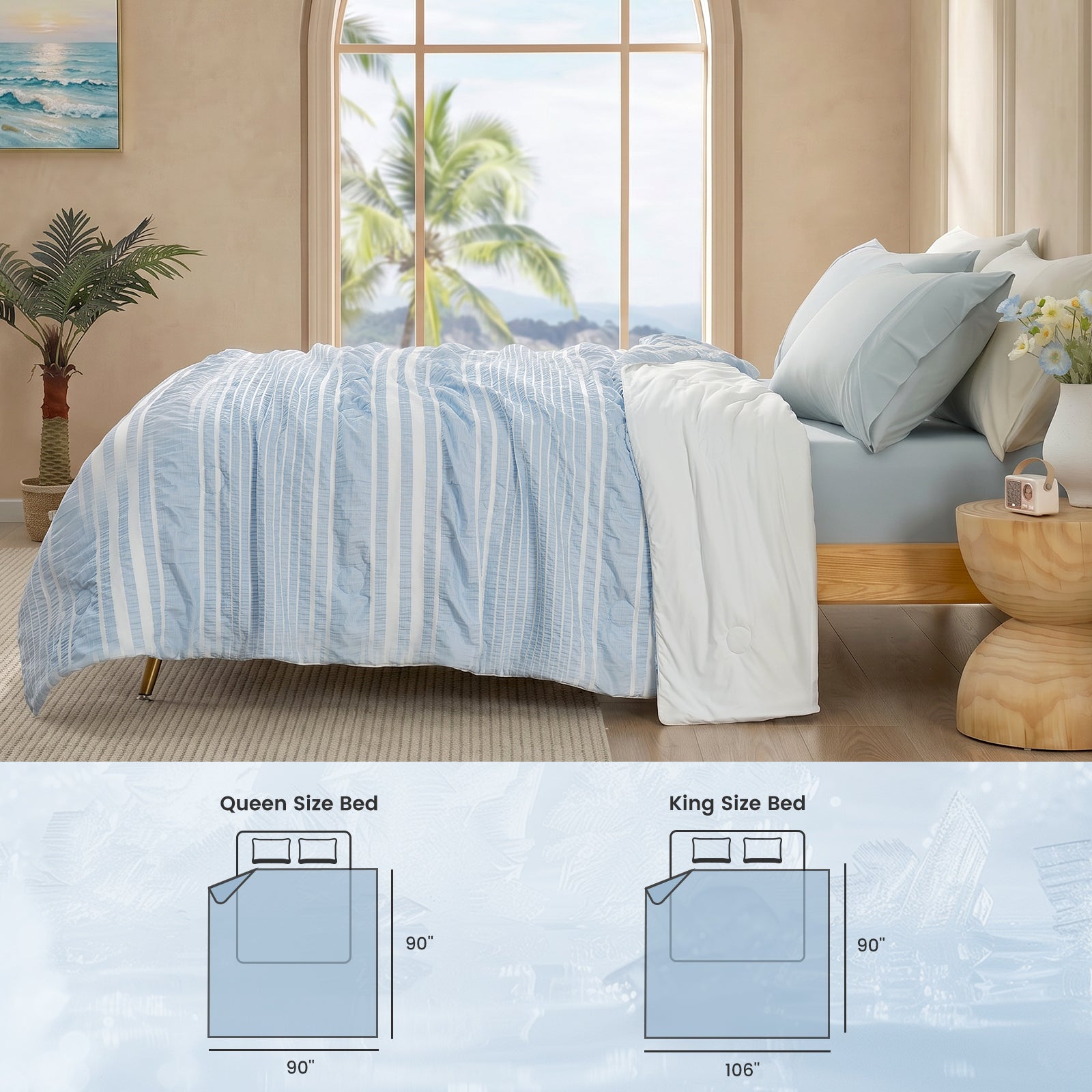 Cozy Bliss cooling comforter in Sky Blue displayed with queen and king size reference #color_Sky Blue