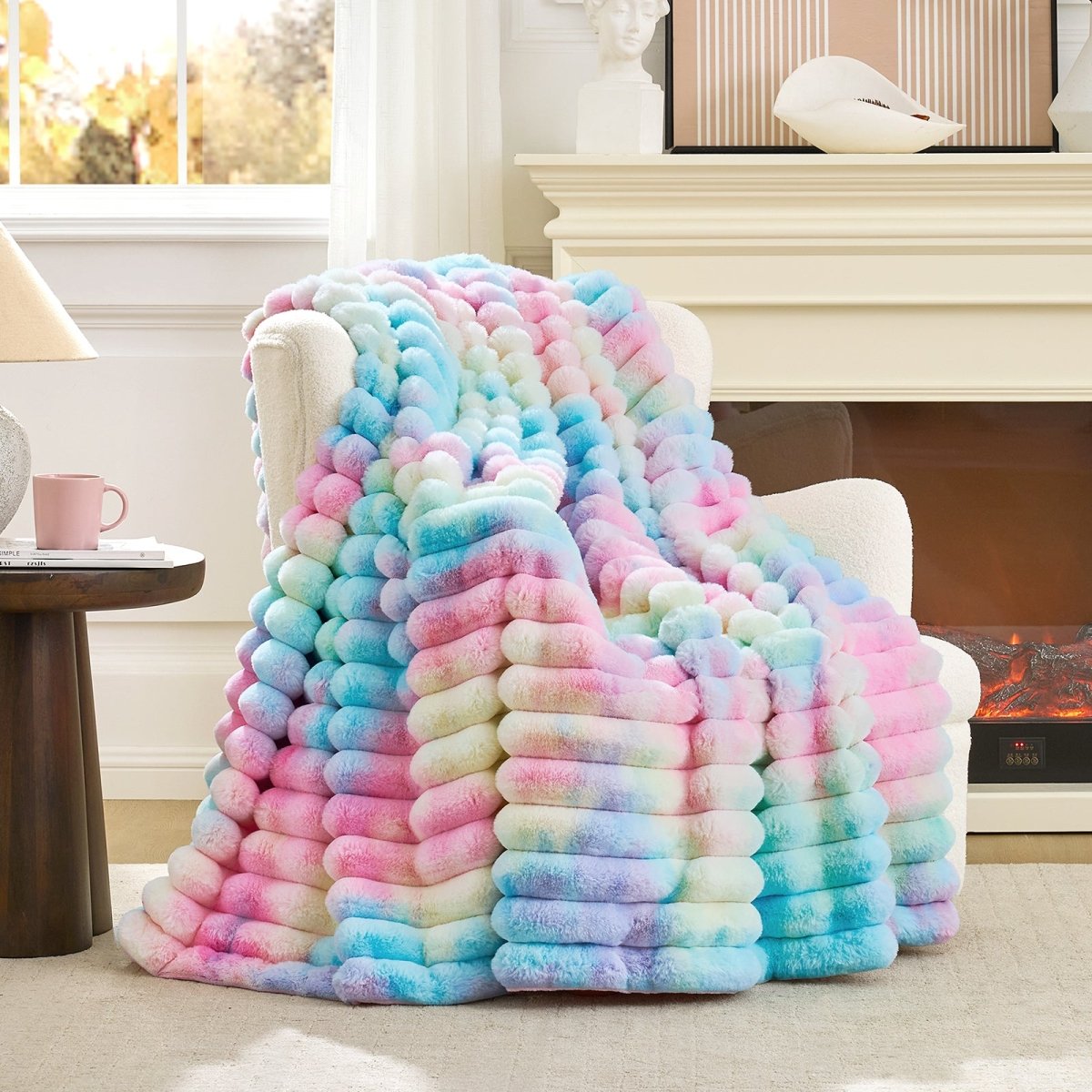 Cozy Bliss Ultra Chunky Striped Faux Fur Throw Blanket in Tie-dye Rainbow front view. #color_Tie-dye Rainbow