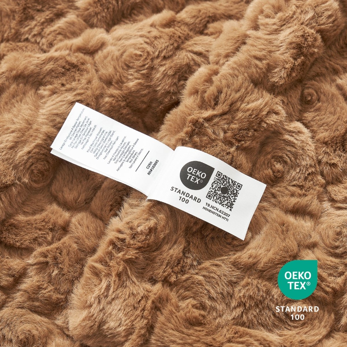 OEKO-TEX STANDARD 100 certified faux fur blanket texture close-up #color_Brown