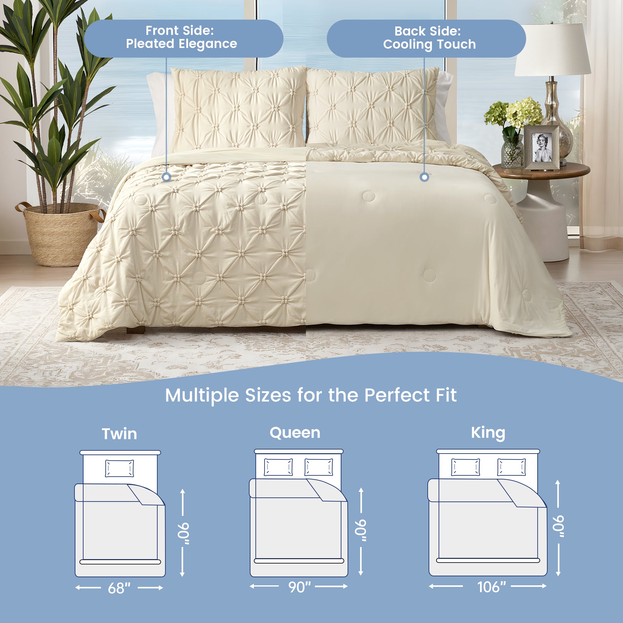 Cozy Bliss beige pintuck cooling comforter with pleated front and cooling touch back, shown on a bed with measurements for Twin, Queen, and King sizes.  #Color_Beige