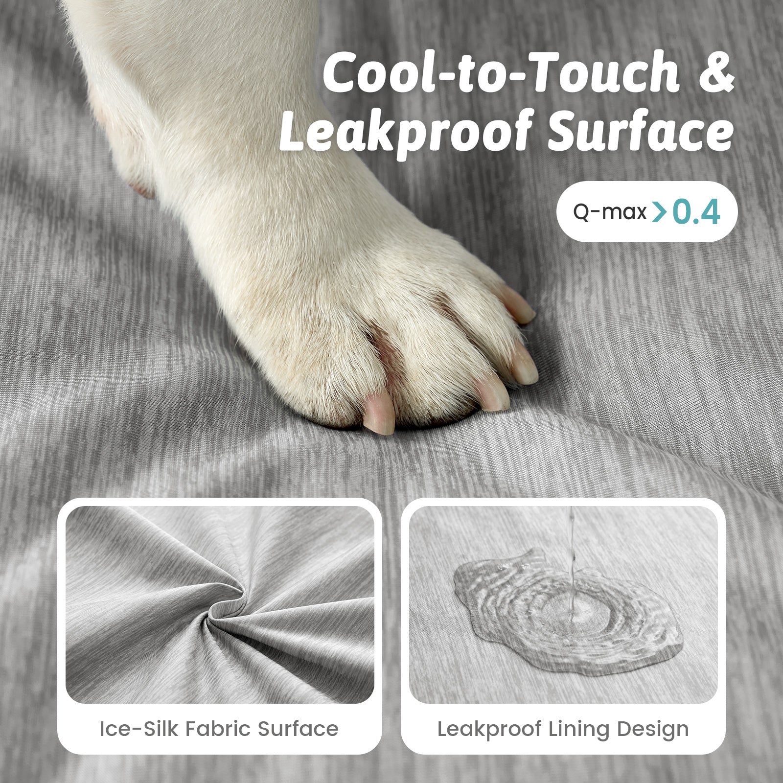 Dog paw on a textured surface with text about cool-to-touch and leakproof design.#color_Light Grey