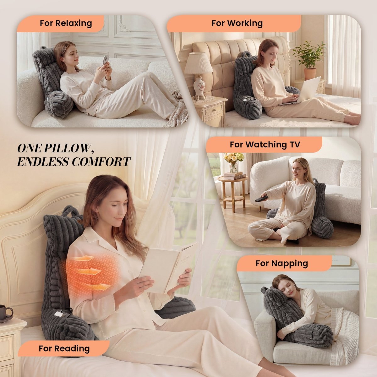 Woman using a electric heated backrest reading pillow in various settings for relaxing, working, watching TV, napping, and reading. #color_Dark Grey