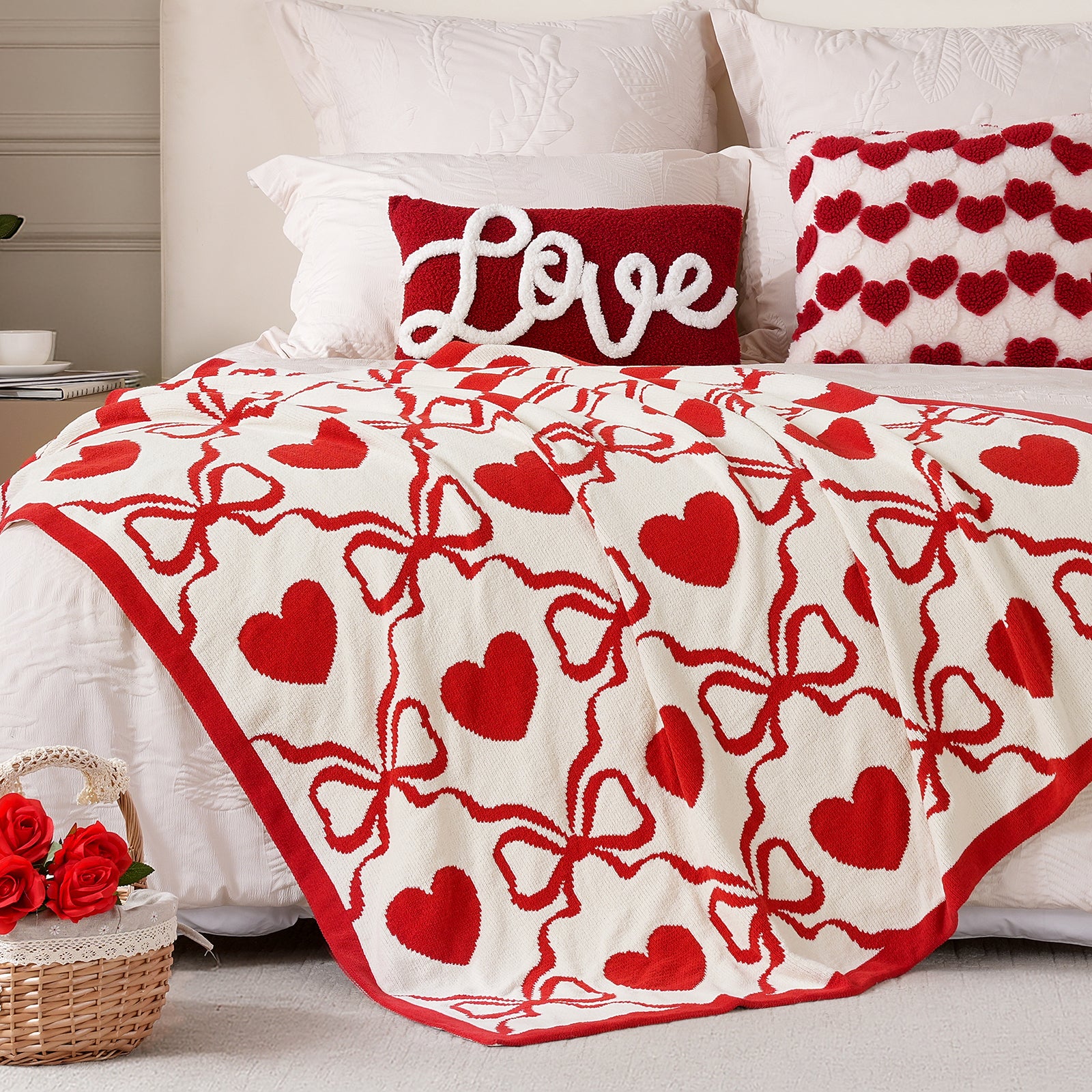 Valentine Heart Bow Jacquard Knit Chenille Throw Blanket