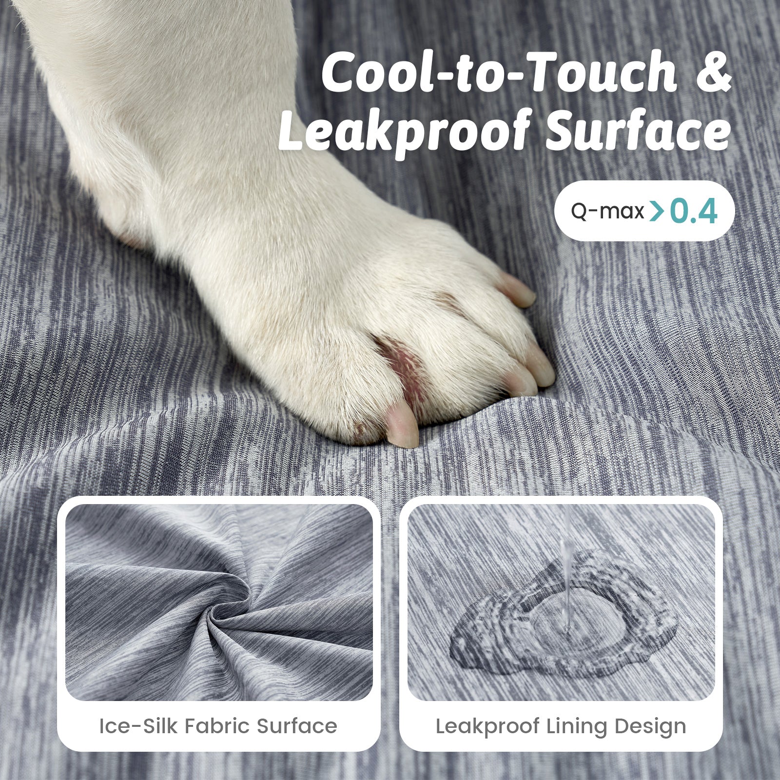 Dog paw on a textured surface with text about cool-to-touch and leakproof design.#color_Dark Grey