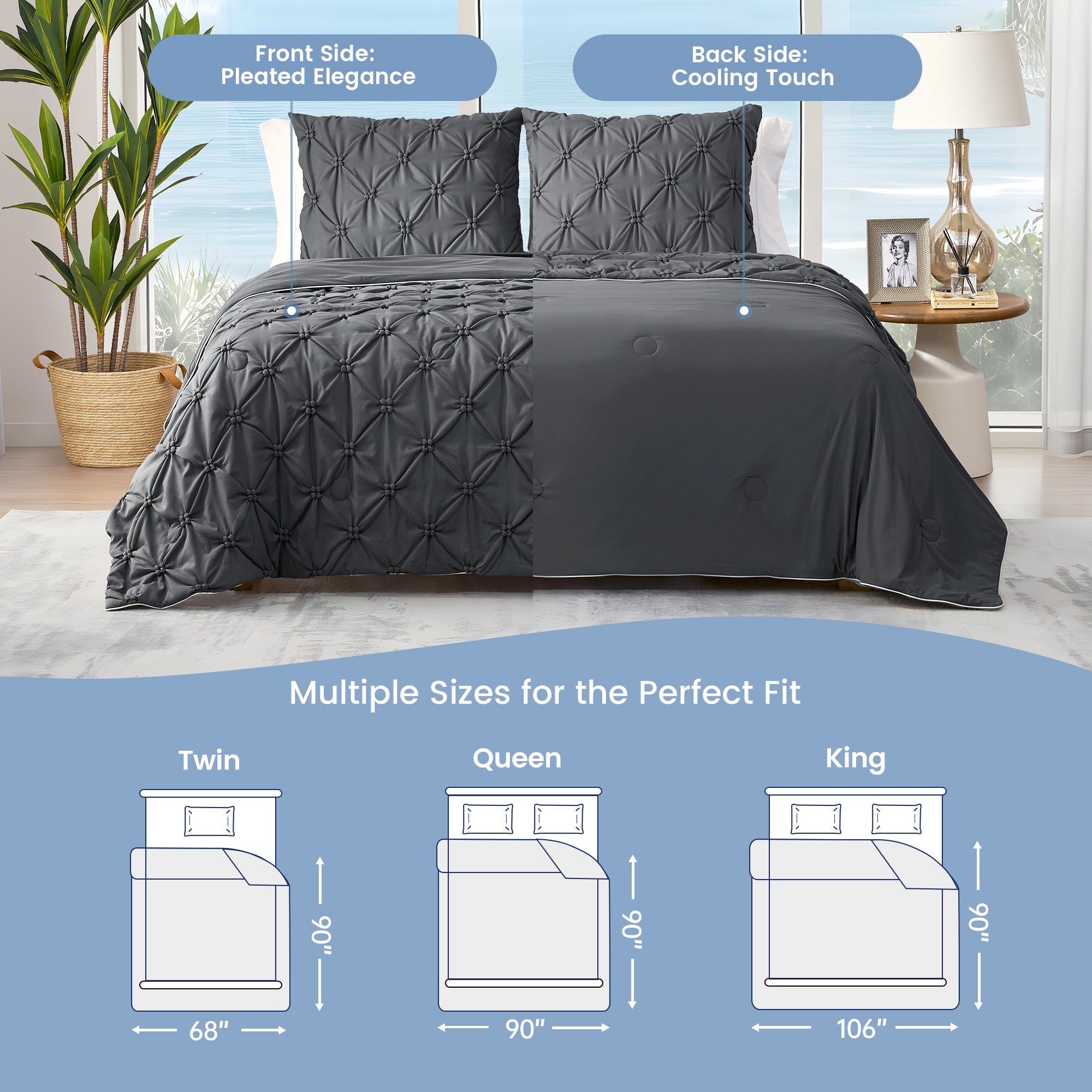 Cozy Bliss dark grey pintuck cooling comforter with pleated front and cooling touch back, shown on a bed with measurements for Twin, Queen, and King sizes. #Color_Charcoal Grey