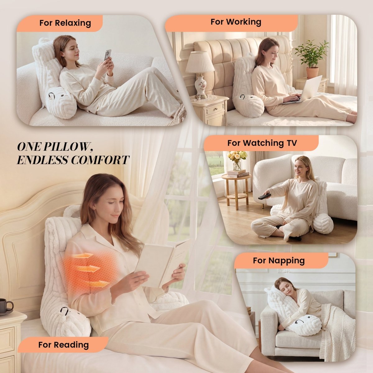 Woman using a electric heated backrest reading pillow in various settings for relaxing, working, watching TV, napping, and reading.#color_Ivory