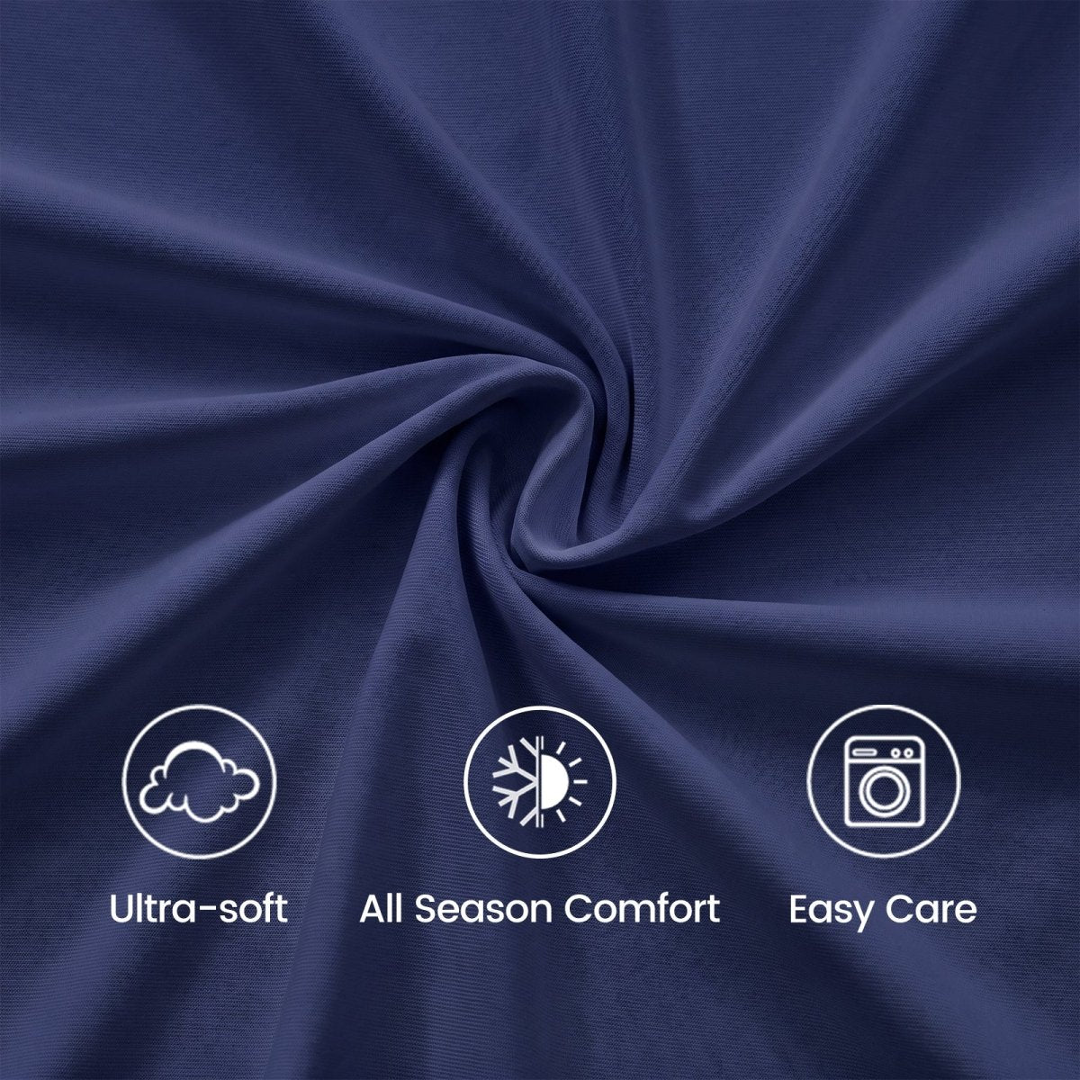 Close up of dark blue fabric with icons and text indicating ultra-soft, all-season comfort, and easy care.#color_Navy Blue